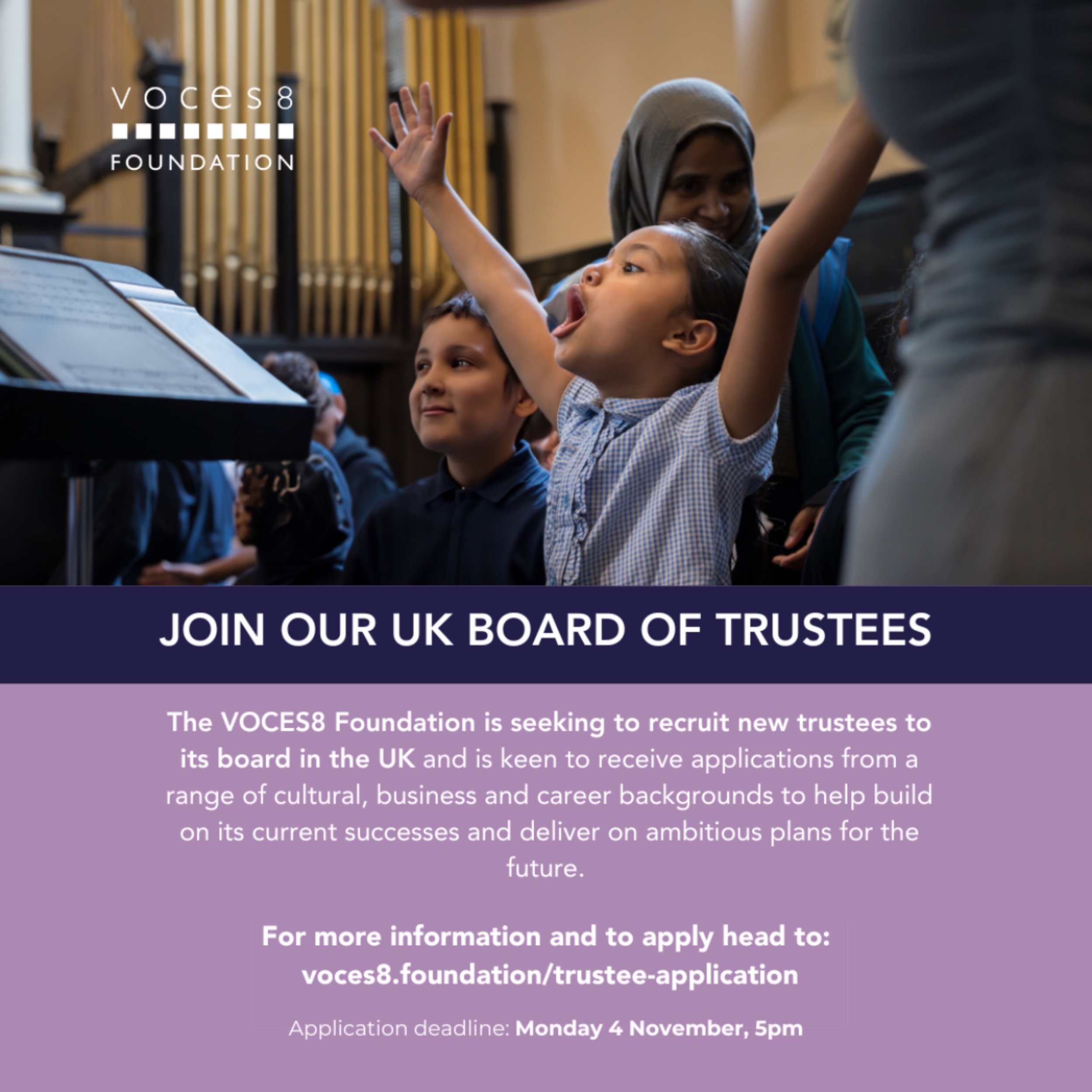 The VOCES8 Foundation is looking for passionate, creative minds to join our board of trustees in the UK!  We&rsquo;re seeking individuals from all backgrounds to help us grow and achieve our ambitious goals 🌍 🎶Whether you&rsquo;re from the arts, bu