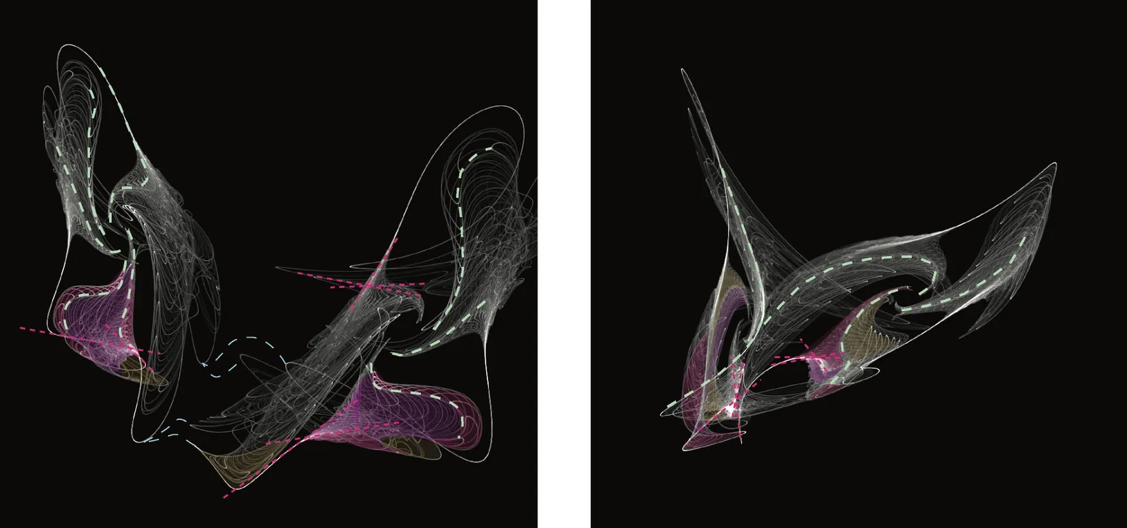 Created from strange attractors generated in ©Chaoscope.