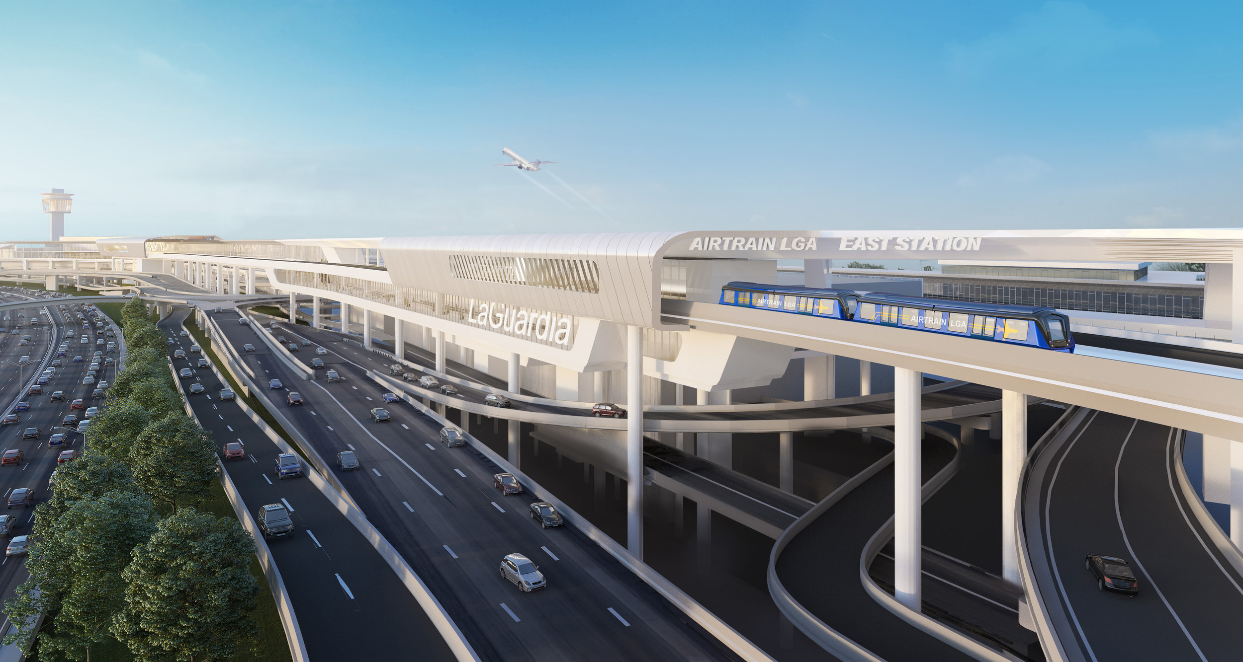 AirTrain approaching LaGuardia Airport's East Station