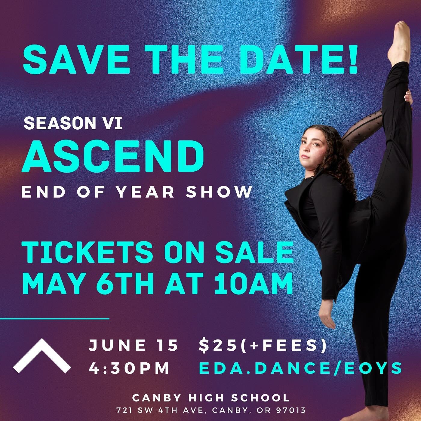 Mark your calendars &mdash; tickets for our Season VI End of Year Show will go live for purchase on May 6th at 10am! You can find the ticket purchase link on our website at eda.dance/eoys. Once they open up, we have assigned seating and they will go 