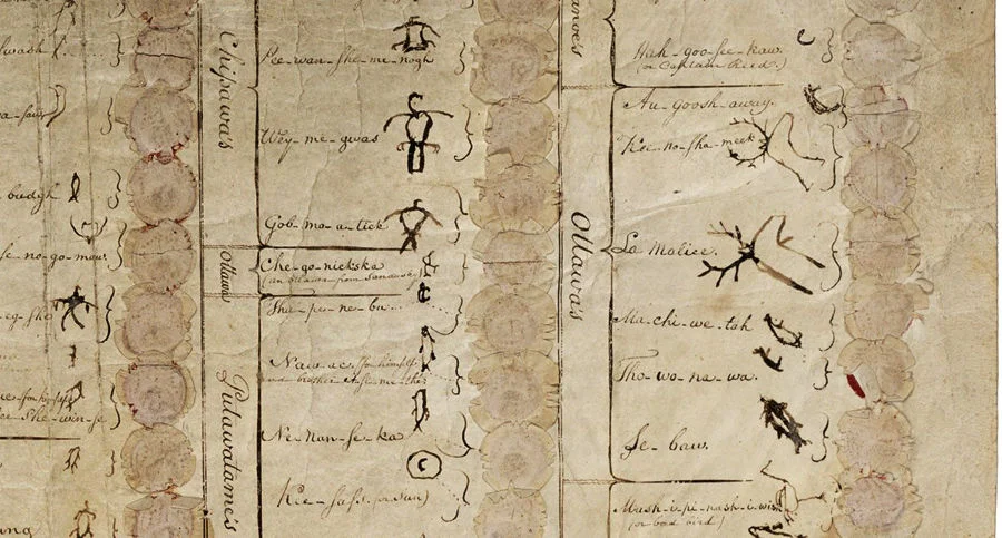 The Greenville Treaty of 1795. The Tribal Chiefs of the Wyandot, Lenape, Shawnee, Ottawa, Miami, Chippewa, Potawatomi and Kaskaskia nations signed the Treaty of Greenville using icons of animals as their signatures.
