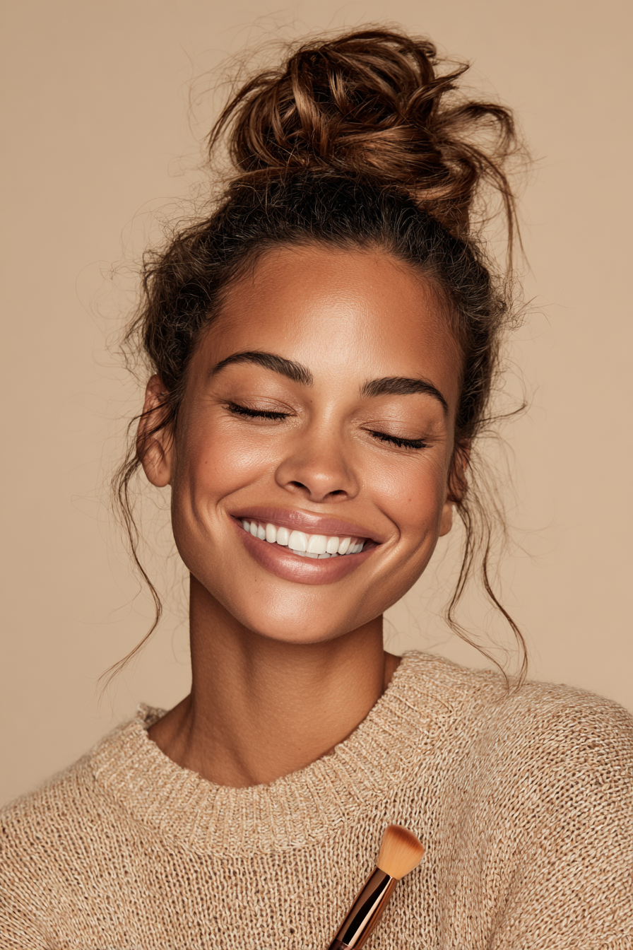 Nahaufnahme eines jungen Erwachsenen mit blonder Haar, auffälligem orangefarbenem Augenschmuck und dezenten Lippenstift, die leicht die Hand an das Kinn legt.