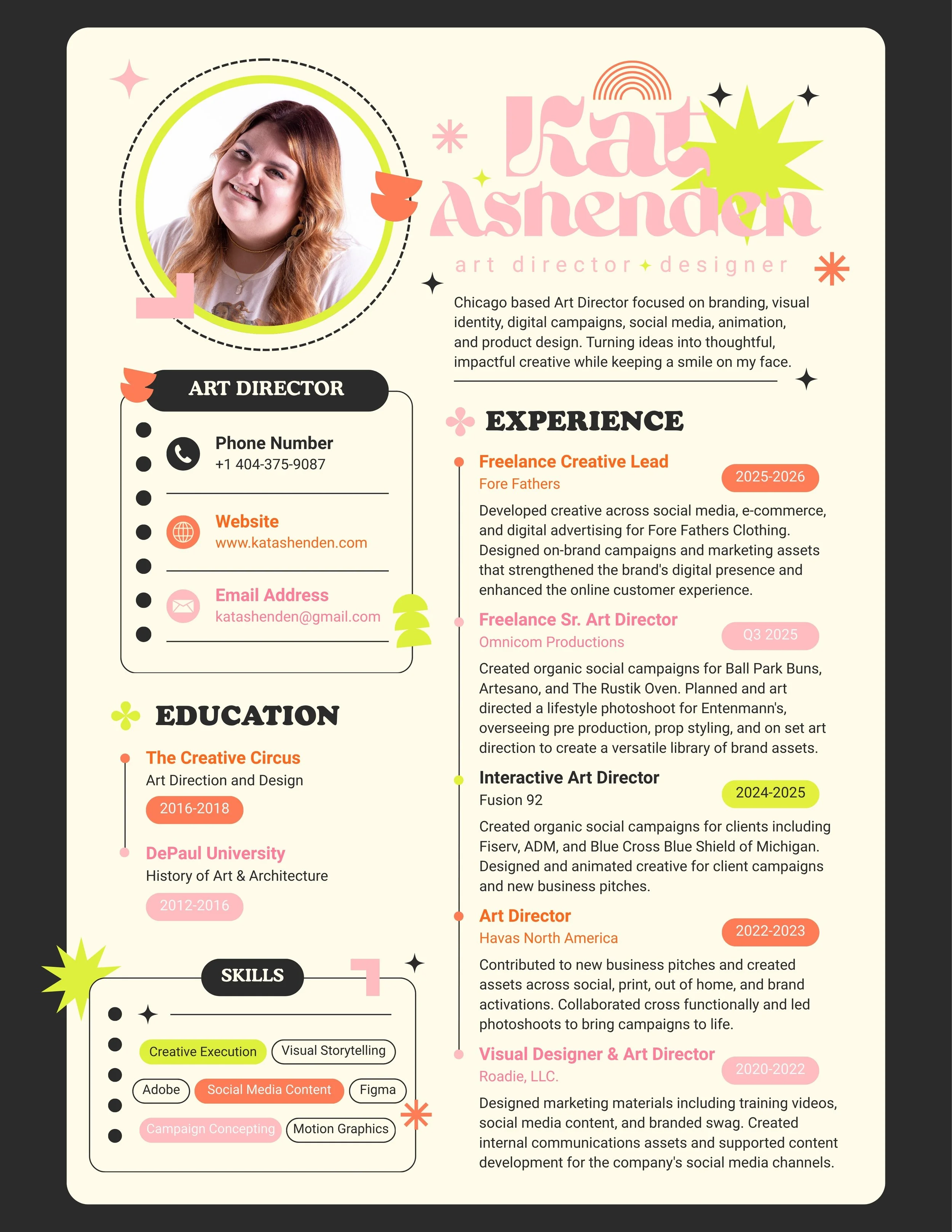 Resume or CV of a woman named Kat Ashenden, highlighting her skills, education, experience, and contact information as an art director and designer. The layout features a portrait on the top left, colorful graphic elements, and sections for skills, education, experience, and visual design.
