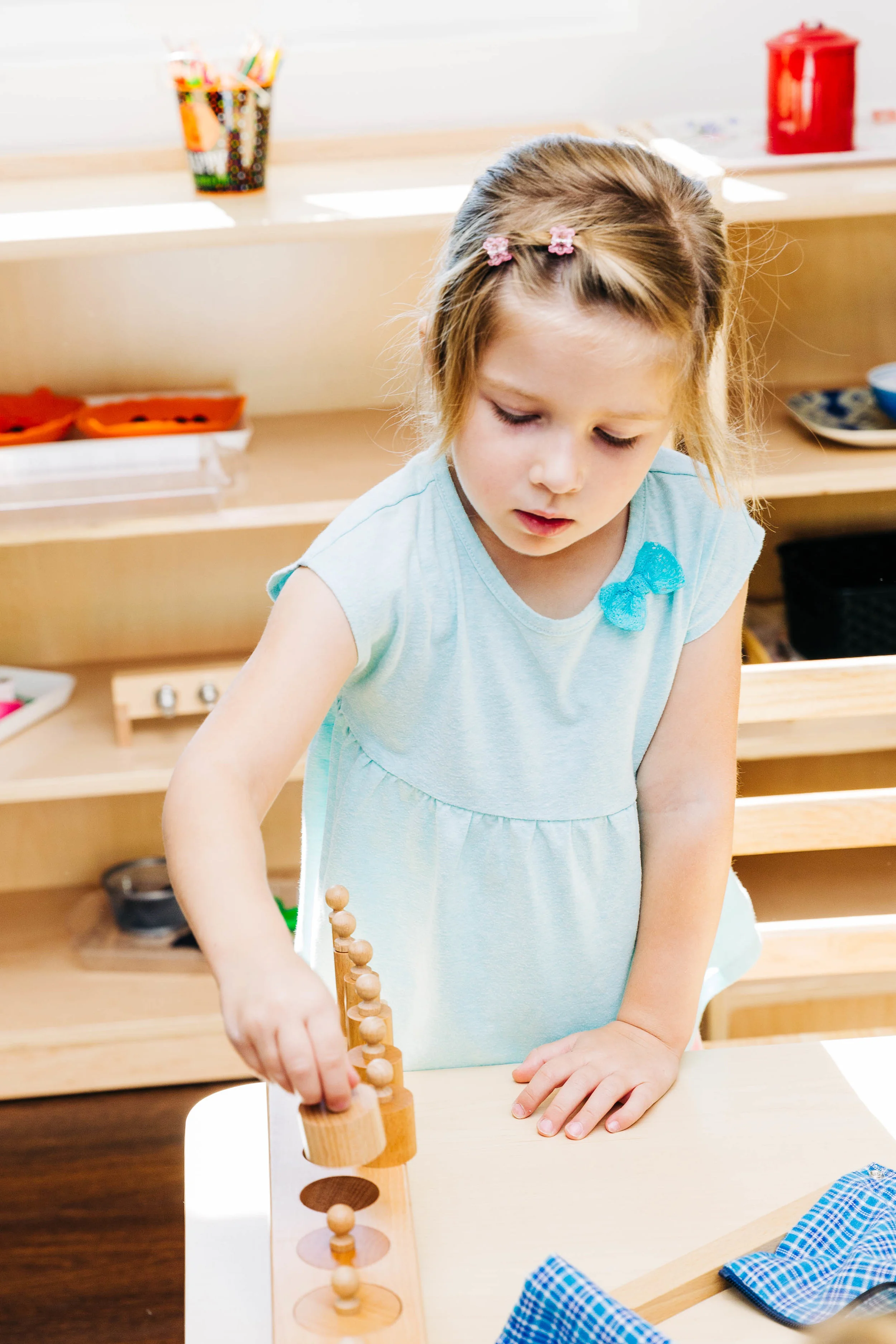 Many of the sensorial activities are directly related to math and geometry concepts and help create order in your child's mind in preparation for mathematical concepts.