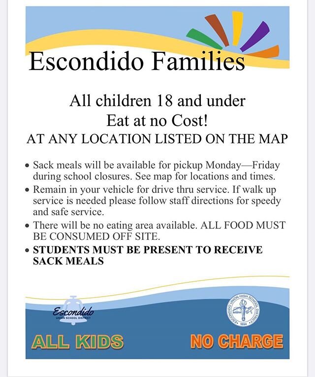 The following schools will be providing free meals for all  children 18 and under. The meals will be available for pick-up Monday-Friday during school closures. Students must be present to receive meals. Check the map for the schools and times that m