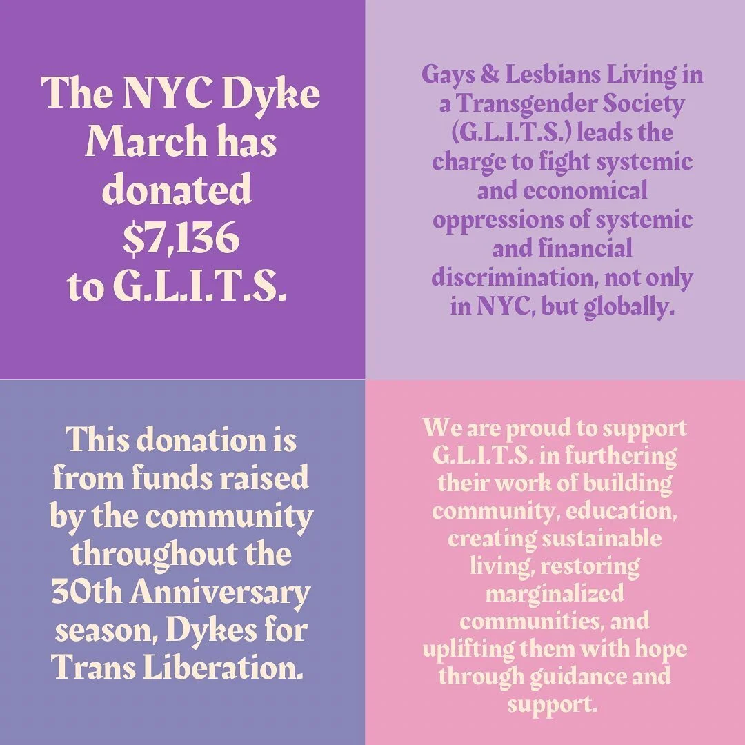 The NYC Dyke March has donated $7,136 to @glits_inc. 

Gays and Lesbians Living in a Transgender Society (G.L.I.T.S.) leads the charge to fight systemic and economical oppressions of systemic and financial discrimination, not only in New York City, b