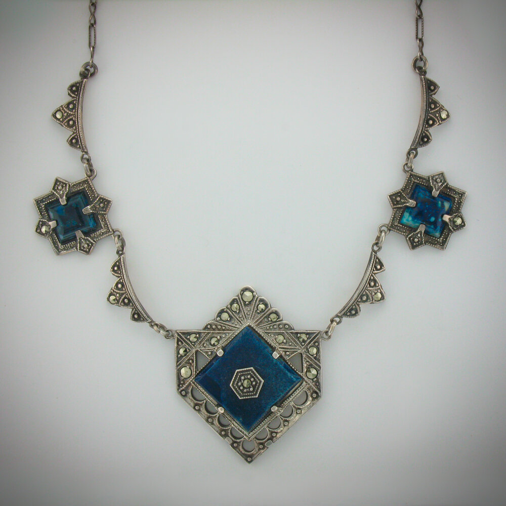C. 1920 Art Deco Sodalite & Marcasite Necklace — Jon Thomas Fine Jewelry