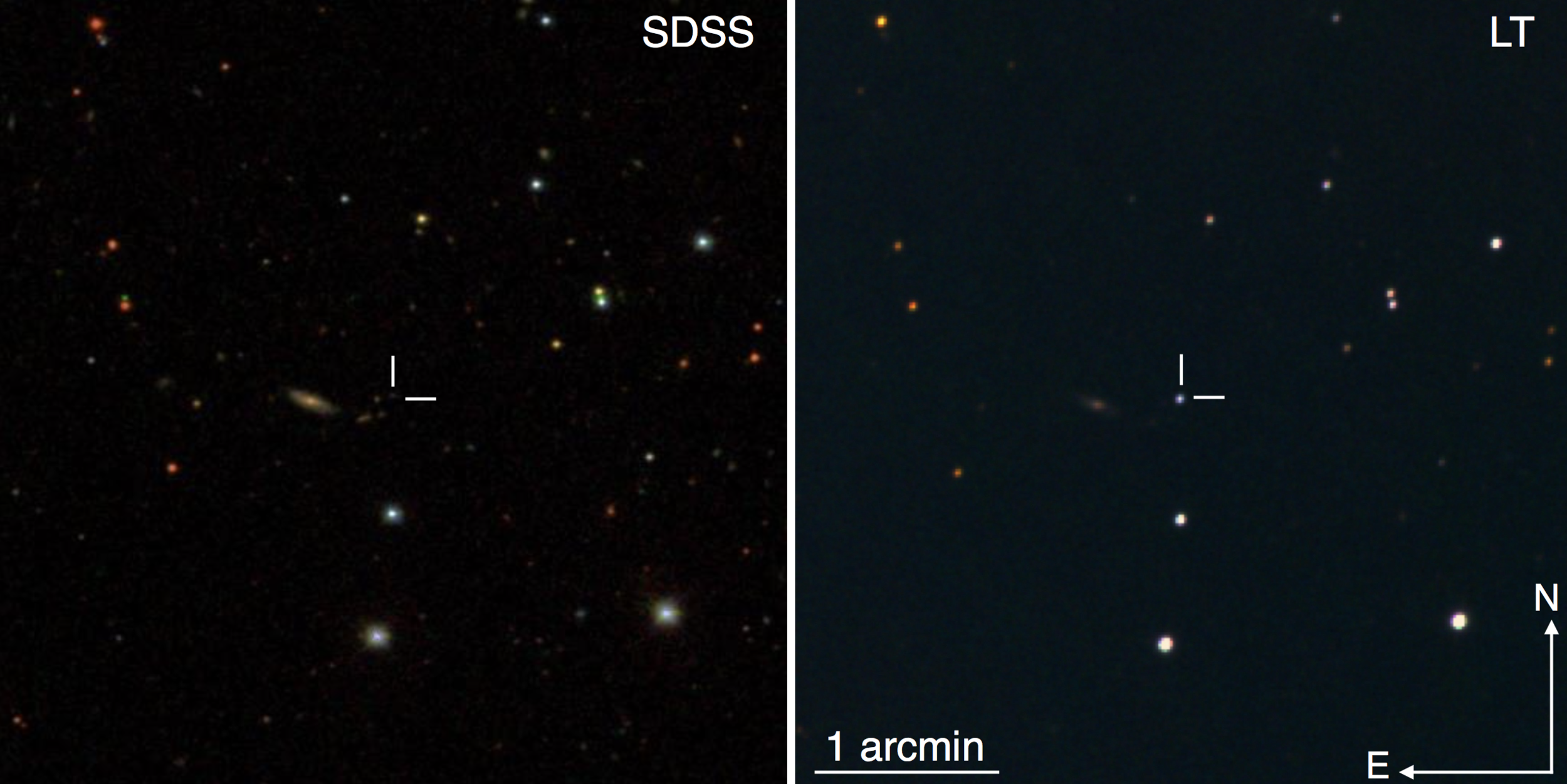 Left: archival image from SDSS of the field around SN2015bn, a superluminous supernova at z=0.11. The host galaxy (marked by crosshairs) is a faint dwarf. Right: Follow-up image from the Liverpool Telescope showing SN2015bn far outshining its host. (Credit: Nicholl et al 2016)
