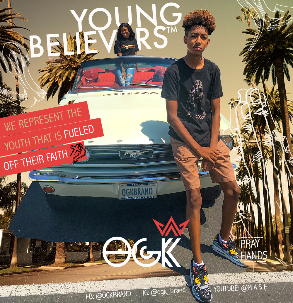 A young boy and girl with a vintage white Ford Mustang, with palm trees in the background. The boy is standing in front of the car, wearing a black t-shirt, tan shorts, and sneakers. The girl is sitting on the hood of the car, wearing a black t-shirt
