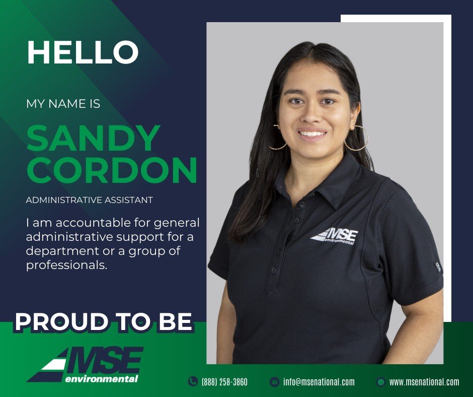 Proud To Be MSE Environmental

Hello! My name is Sandy Cordon. I am accountable for general administrative support for a department or a group of professionals.

#MSEenvironmental #proudtobeMSE #AdministrativeAssistant #SandyCordon