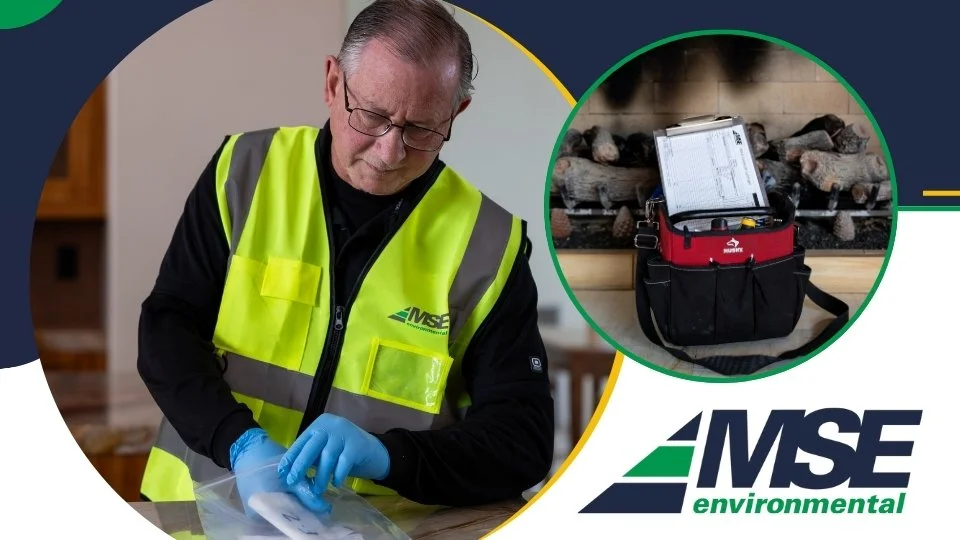 MSE Environmental, showing a technician in a safety vest collecting samples and a secondary circular inset of a professional tool bag and inspection documents