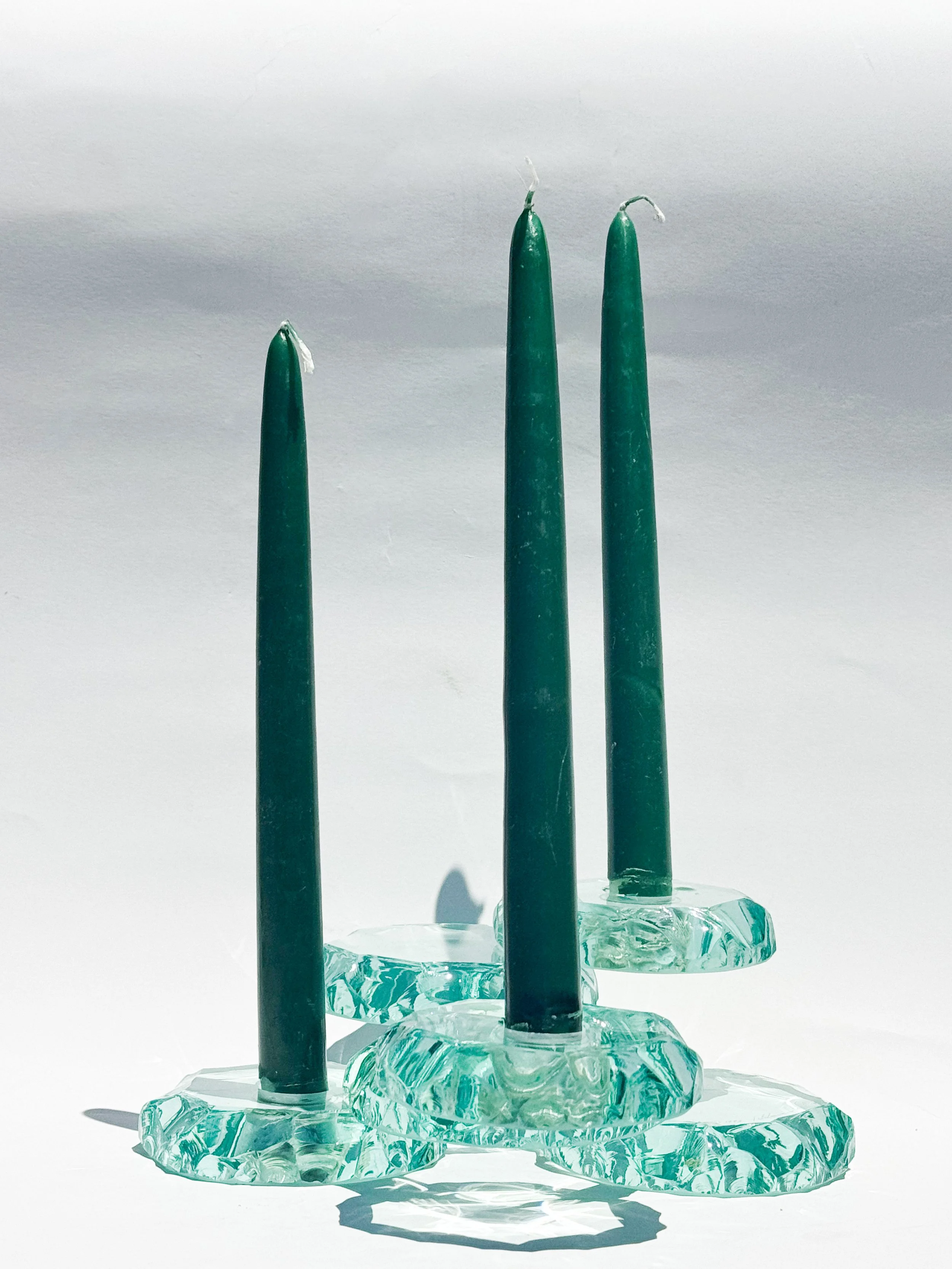 Stephen Schlanser Ice Chip Art Glass Candle Holders 1991