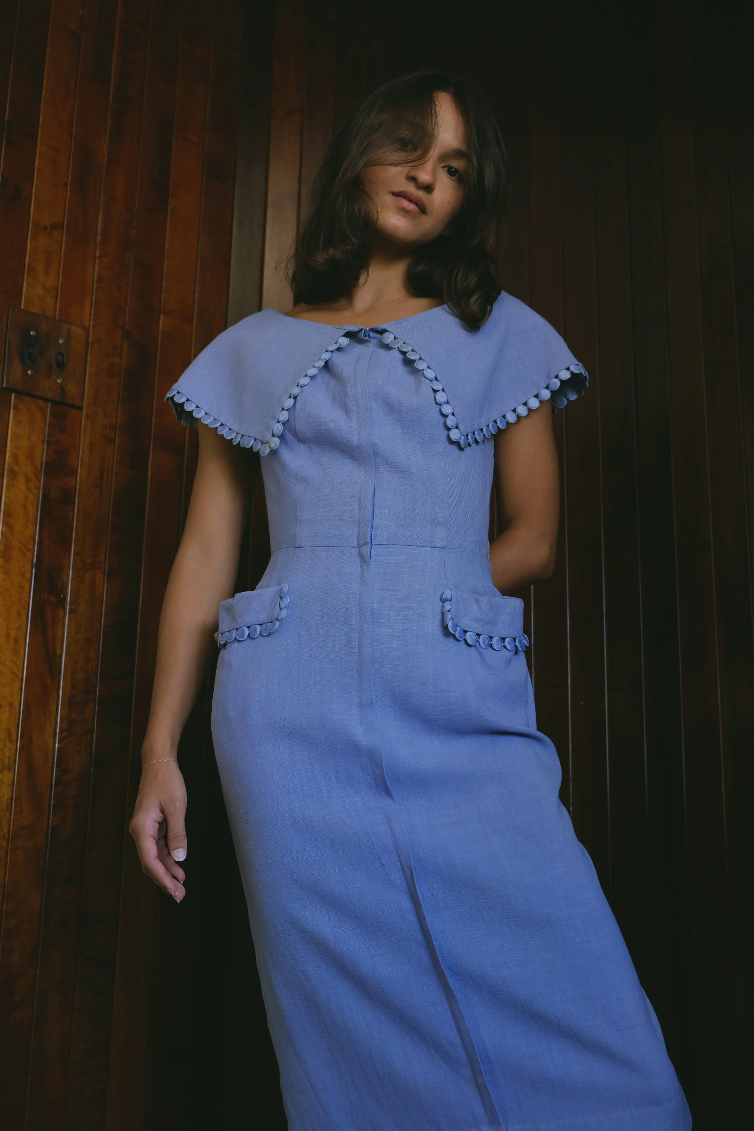 1940s Periwinkle Linen Pencil Dress (XS)