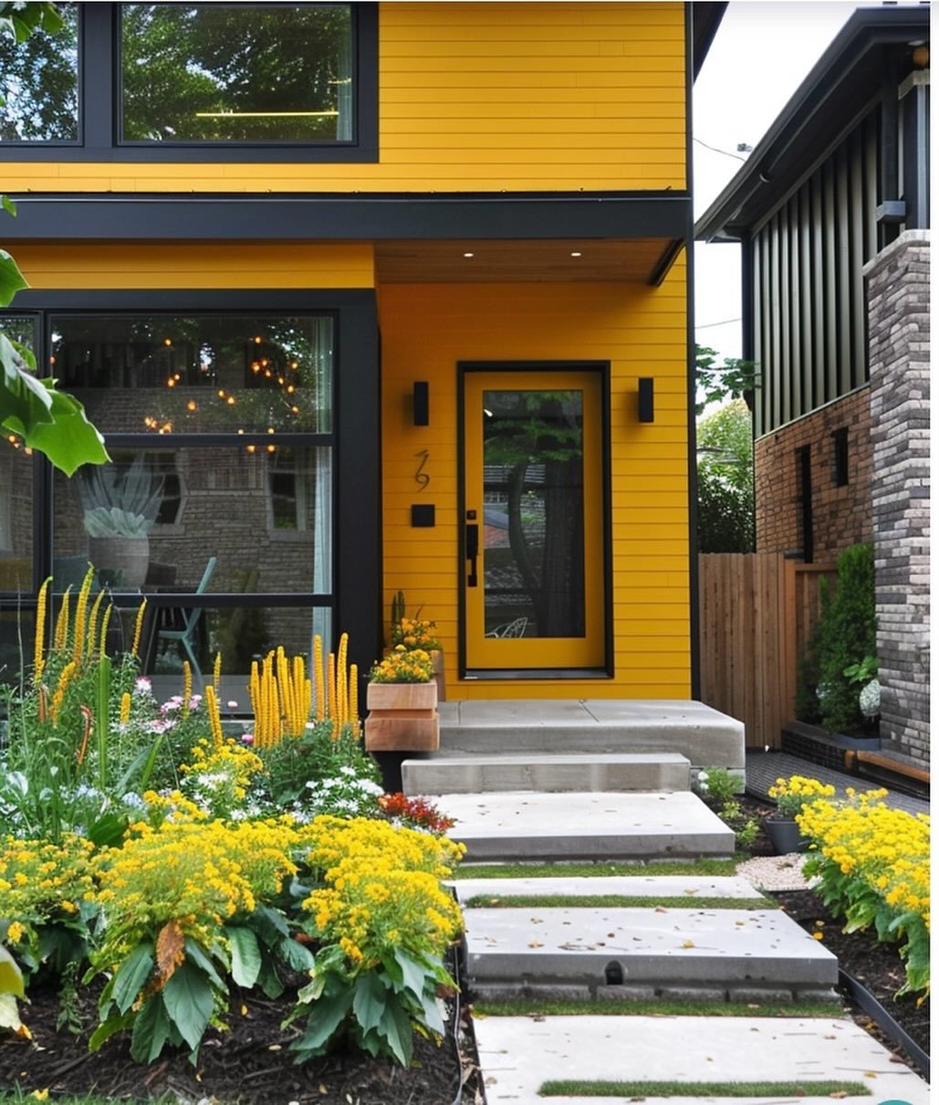 Check out this bold and colorful home! Color is not for everyone but wow, it really makes a statement. The landscaping really makes the curb appeal fabulous too! @diybunker_ #interiordesign #exteriordesign #colorfulexteriorhomes #modernhomes #landsca