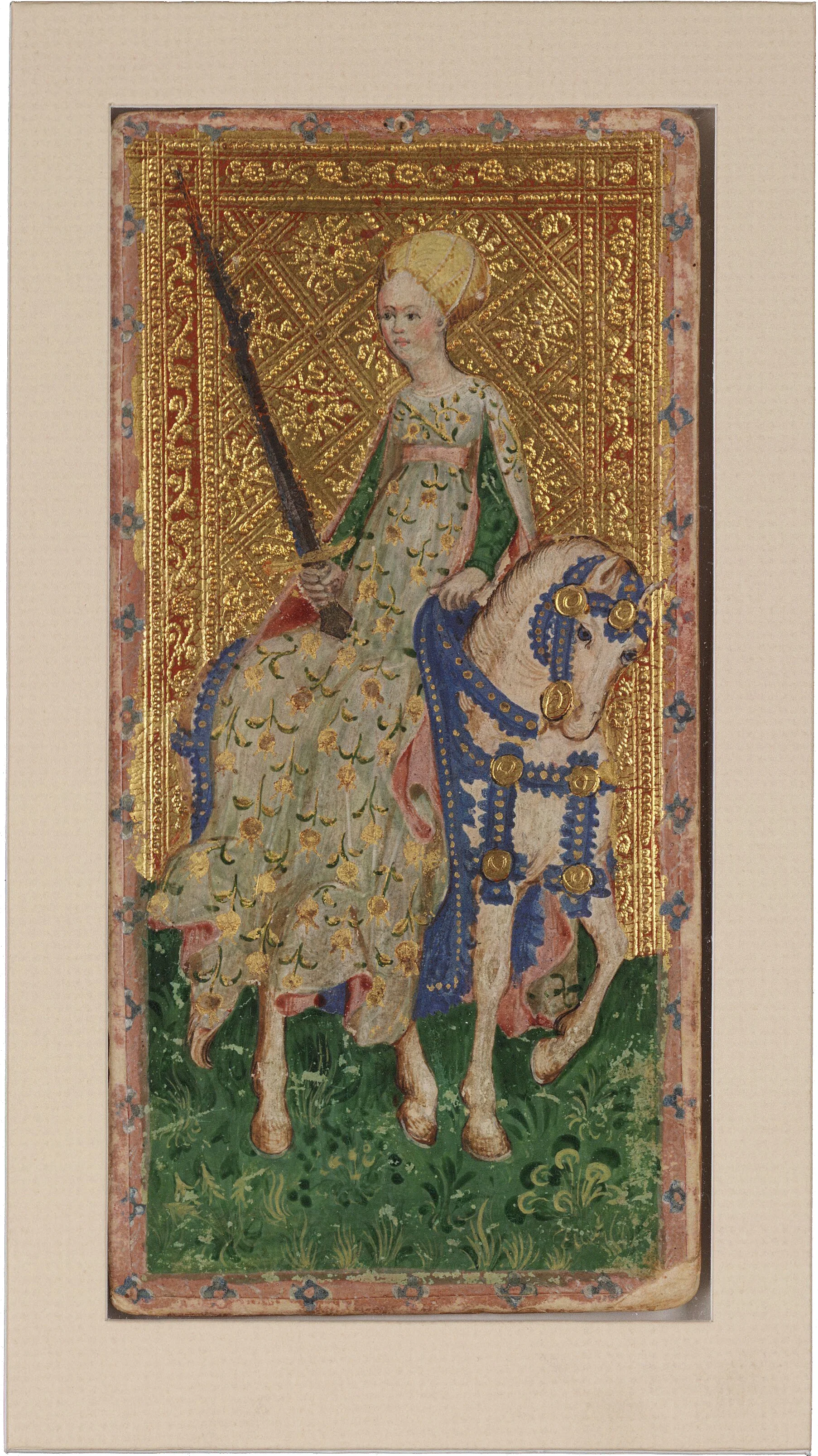 Female Knight (Swords) from the Visconti Tarot , Bonifacio Bembo Beinecke Rare Book and Manuscript Library, c. 1426-1447