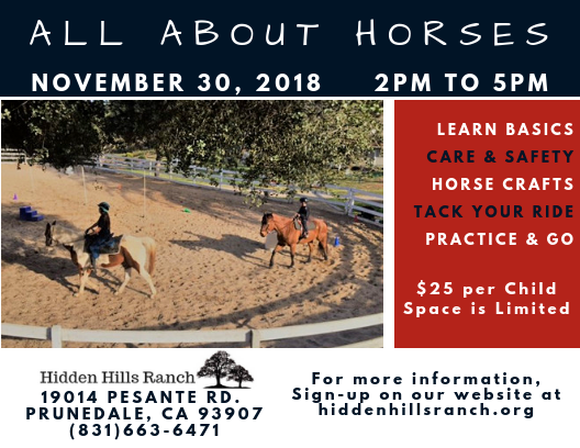 Come join us for this fun afternoon! We will have horse stations to learn about horse basics, grooming care, and safety. They will all have time to ride in our arena. This is a hands-on event, so even mucking stalls may be part of the fun! Must Sign-up prior to event!