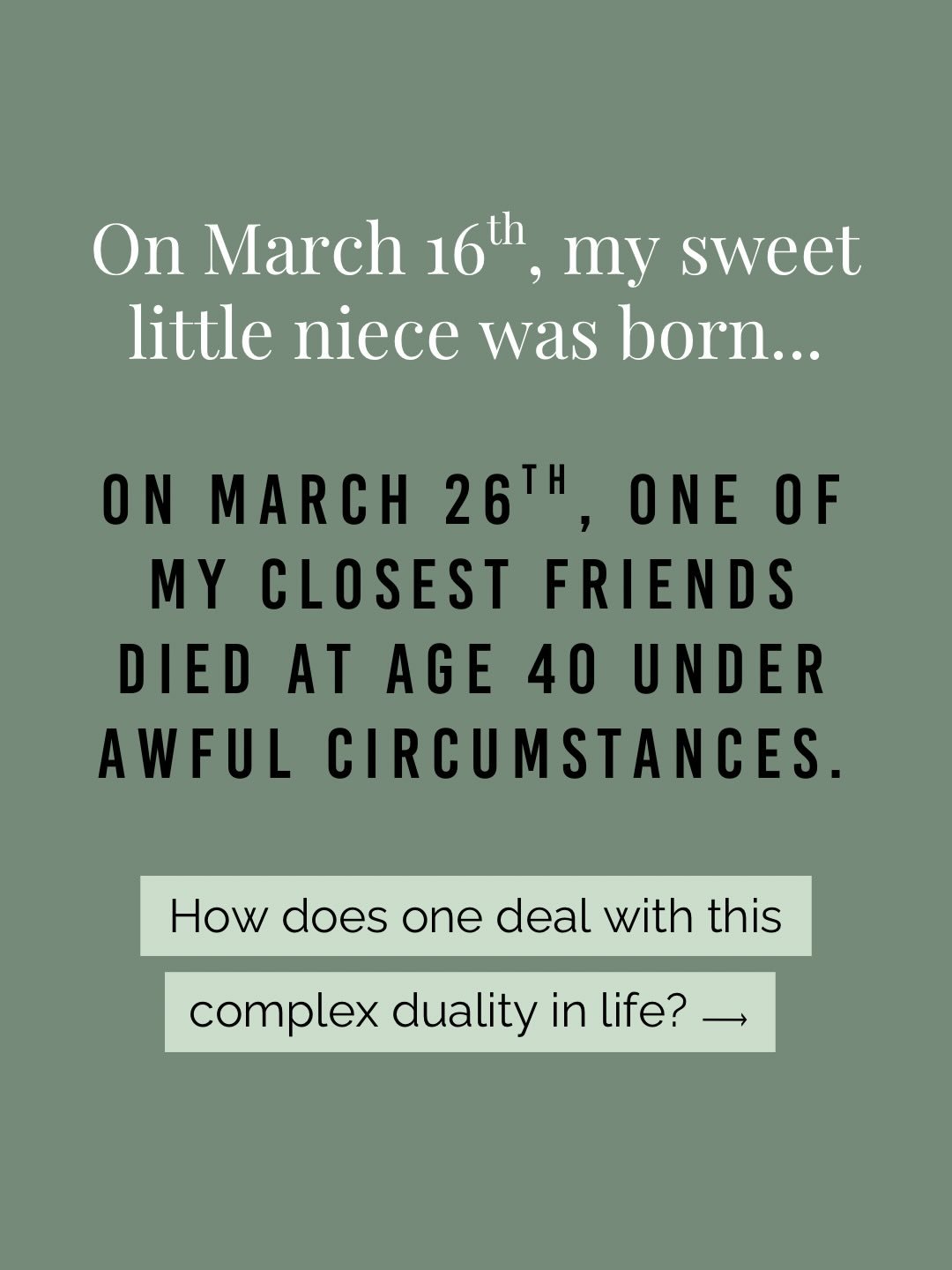Who else has been feeling the duality of life deeply lately?! ❤️💔

Share y&oacute;ur story in the comments or send me a DM. I&rsquo;d love to hear from you. 

#duality #dualityoflife #birthanddeath #circleoflife #happyandsad