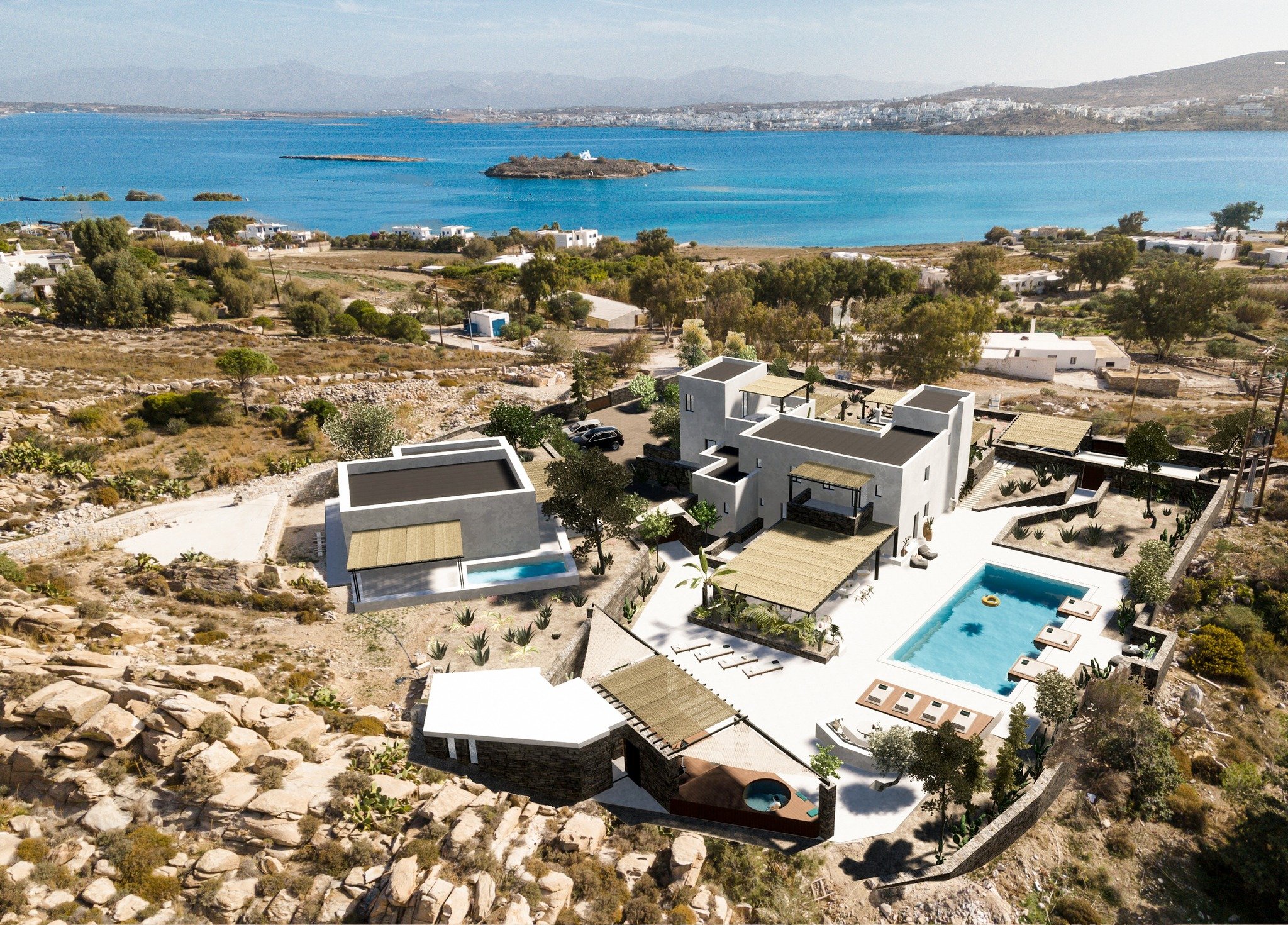 Introducing a magnificent luxury furnished property for sale in the prestigious Kolimbithres area of Paros. This exceptional estate comprises two exquisite villas, epitomizing elegance and sophistication. The main villa, spread over two levels, boast