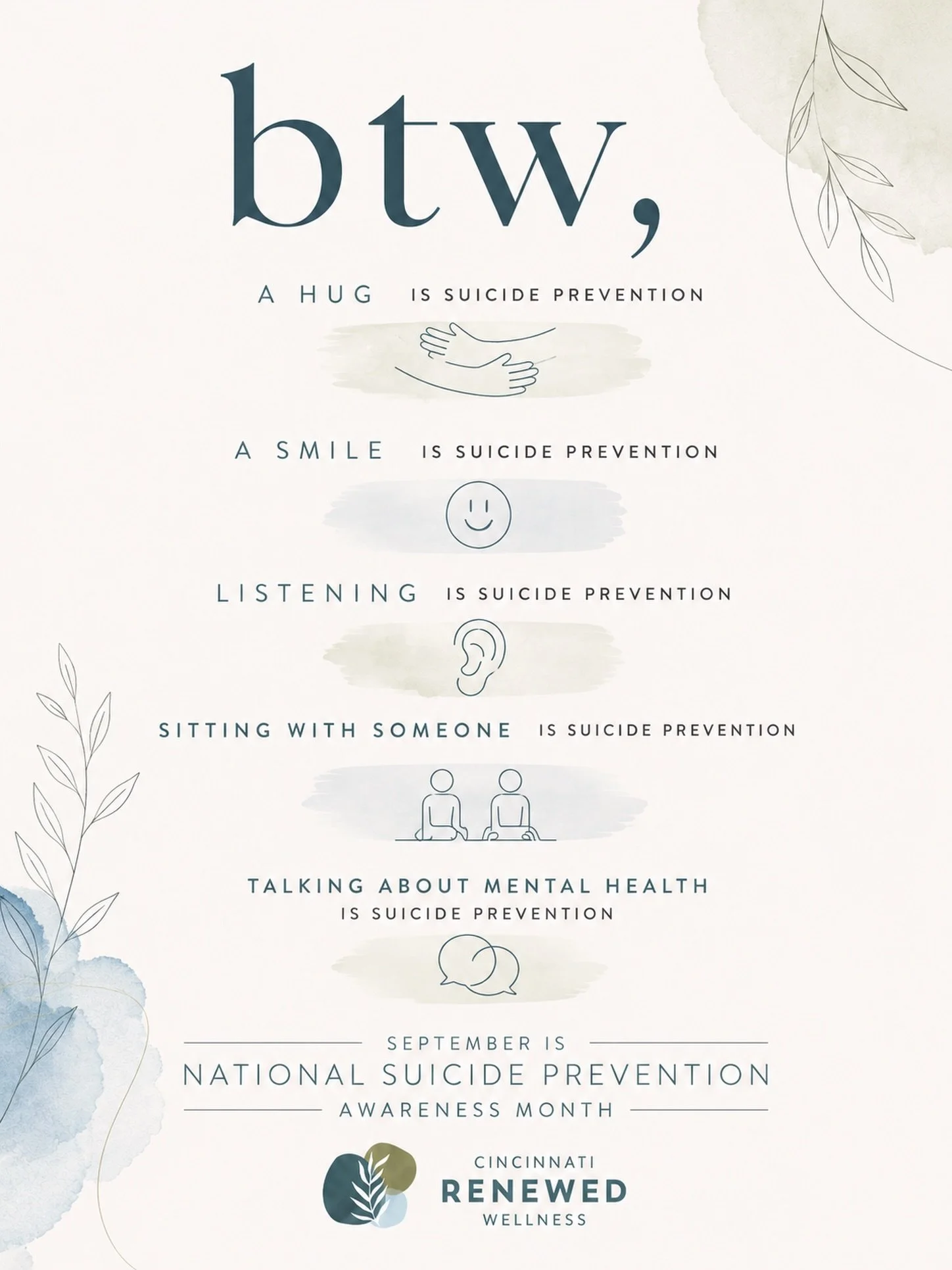Showing up matters. 👥

Mental health struggles aren&rsquo;t always visible. Checking in, creating space for honest conversations and encouraging someone to seek support can make a meaningful difference.

At Cincinnati Renewed Wellness, we provide pe