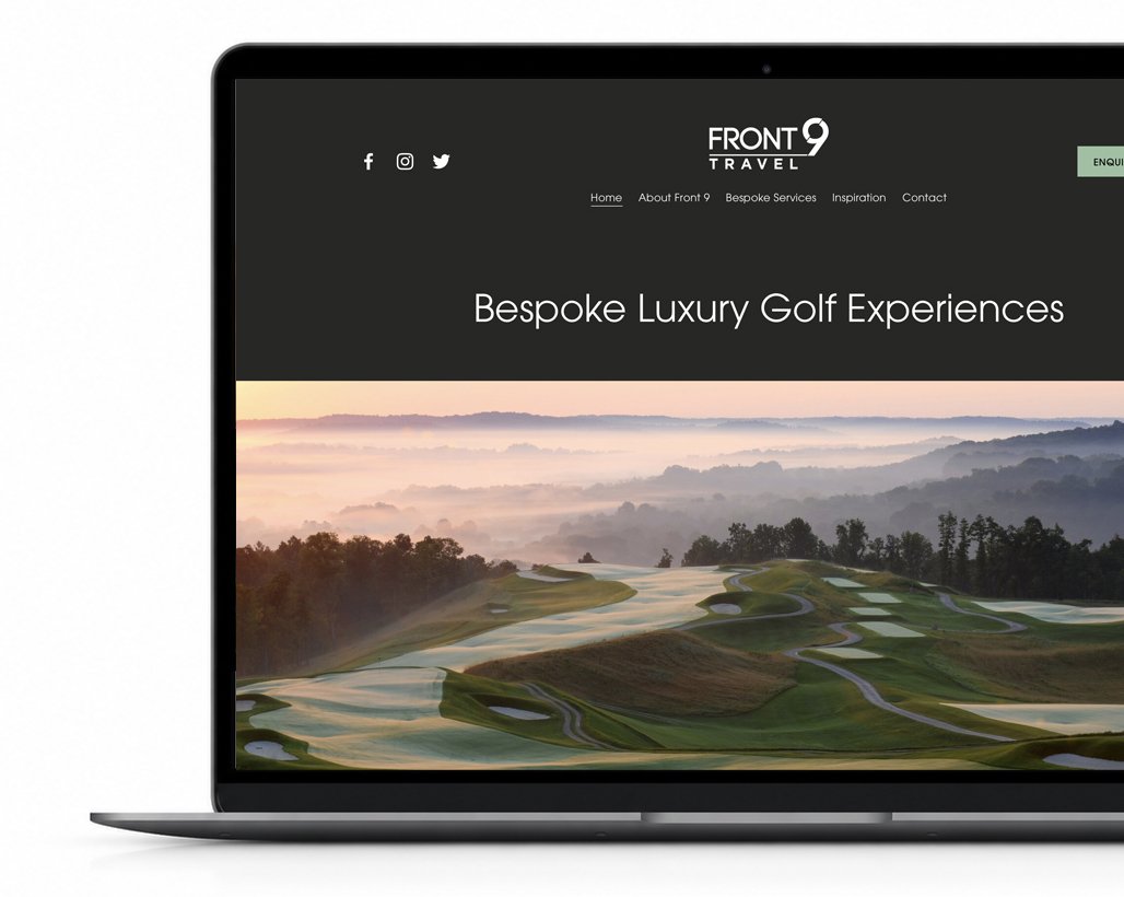 Laptop screen showing a website for Front 9 Travel, with a background image of a golf course at sunrise and text reading 'Bespoke Luxury Golf Experiences.'