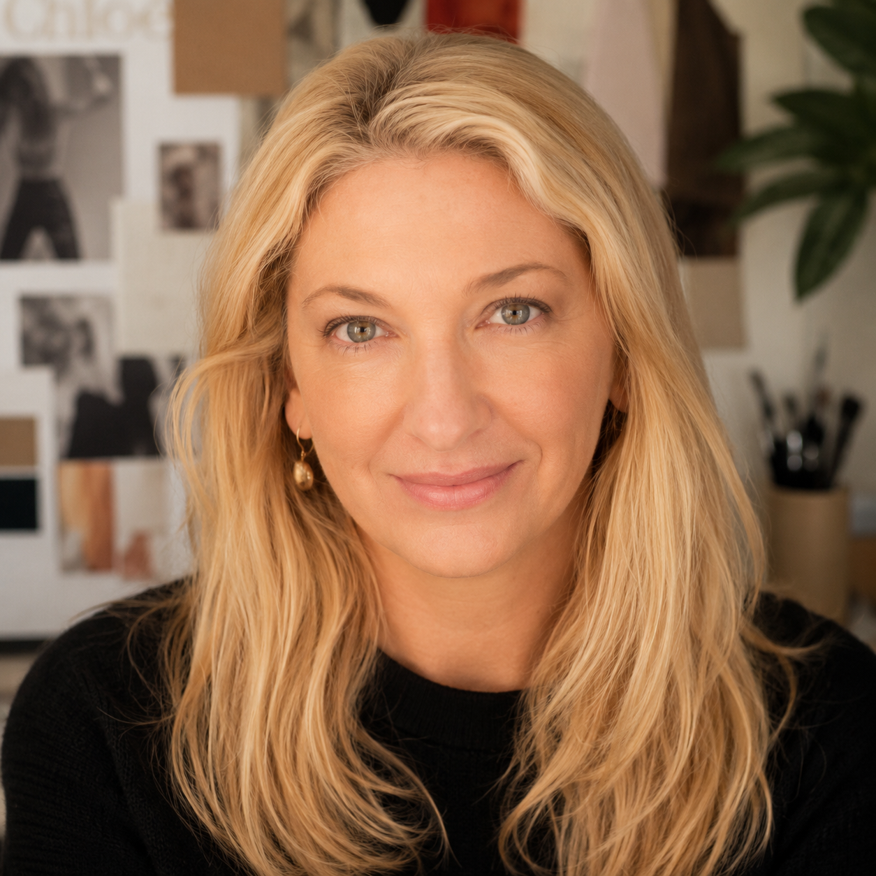 A woman with blonde hair, blue eyes, and a warm smile, wearing a black top and pearl earrings, inside a creative workspace with photos and plants in the background.