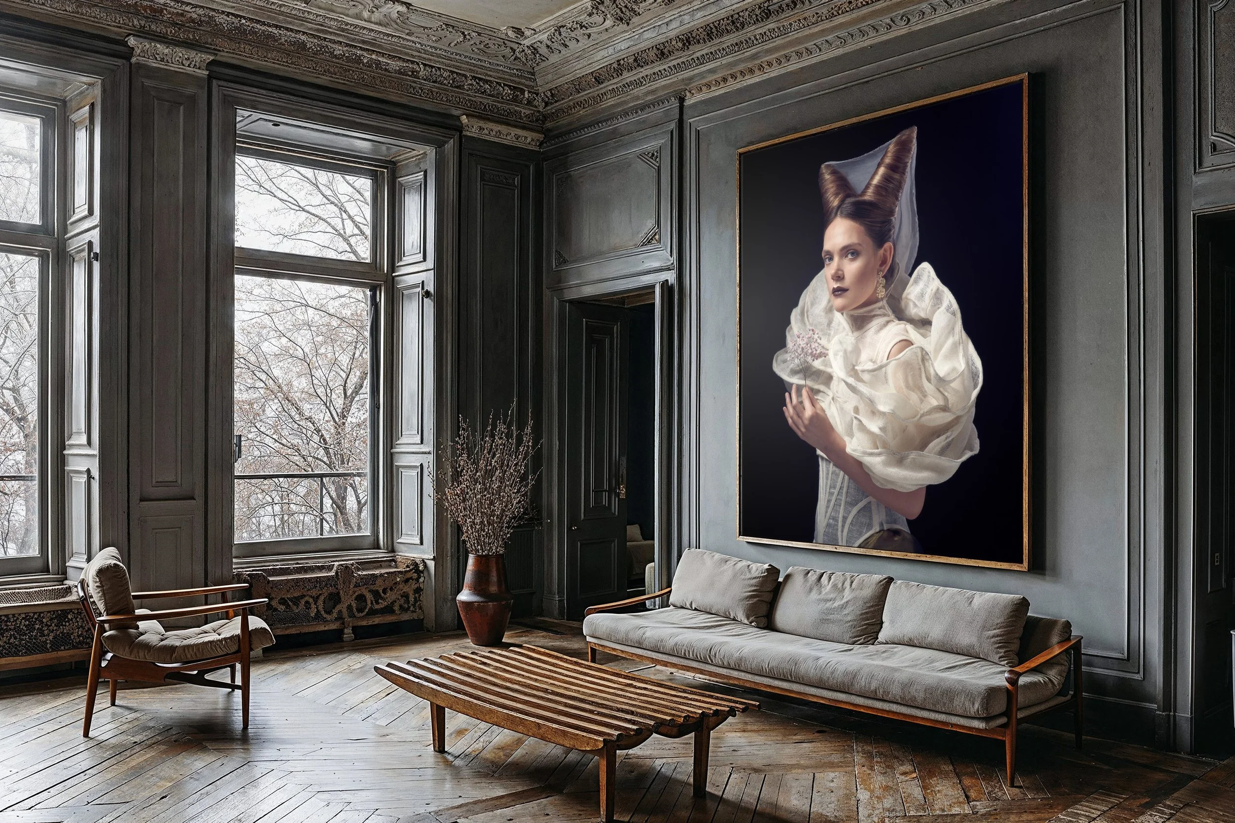 A room with dark paneled walls, large windows showing leafless trees outside, and a large framed portrait of a woman with elaborate hair and clothing hanging on the wall. There is a beige sofa, a wooden armchair with a cushion, a wooden coffee table, a tall vase with dried branches, and a patterned bench in the room.