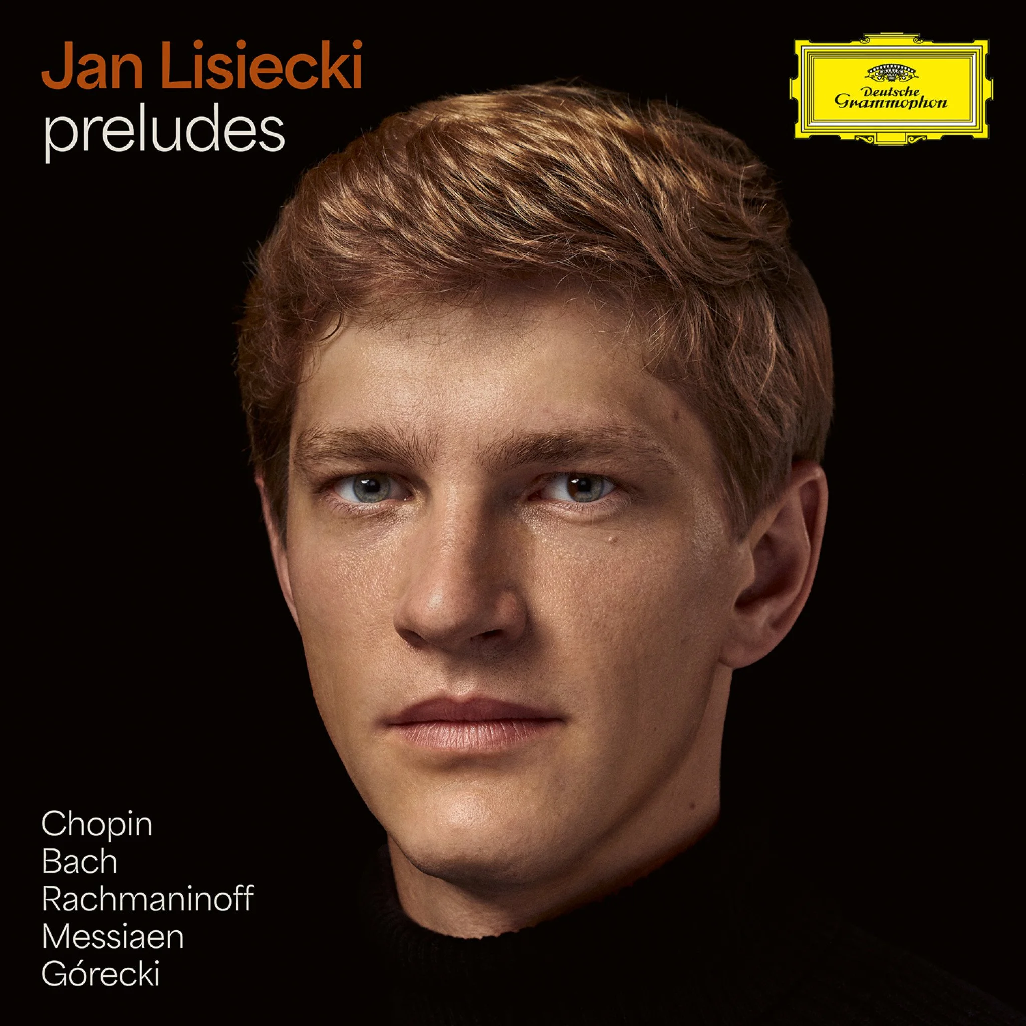 Close-up of a person's forehead, hair, and eyes with a black background, part of a promotional album cover for Jan Lisiecki's Prelude to Chopin's works.