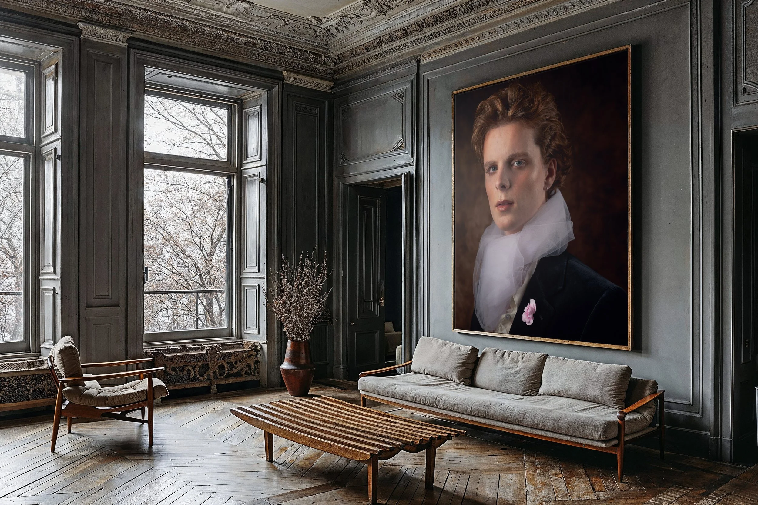 Living room with dark wooden panel walls, large windows showing trees outside, a large portrait of a woman with short red hair, a beige sofa, a wooden armchair, a low wooden coffee table, and a tall vase with dried flowers.
