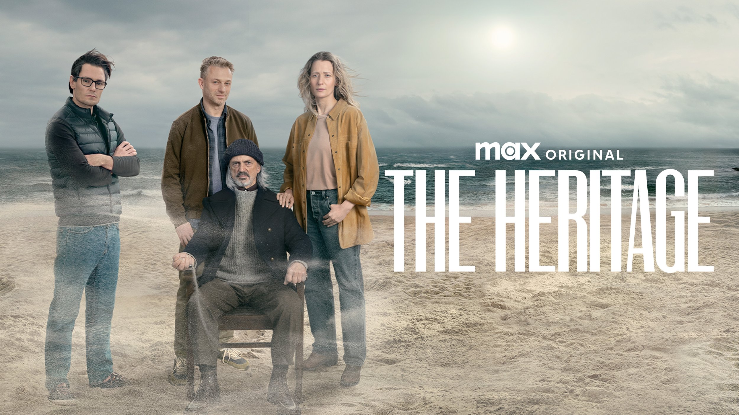 A group of five people on a beach with a cloudy sky, including four standing and one sitting in a chair, with the title 'The Heritage' and 'HBO MAX original' text overlay.