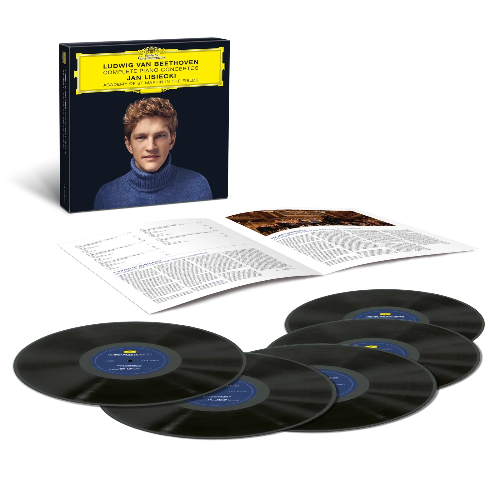 A vinyl record album set of Beethoven's complete piano concertos, featuring a booklet with information and photos. The album box displays a young man with red hair wearing a blue turtleneck sweater.