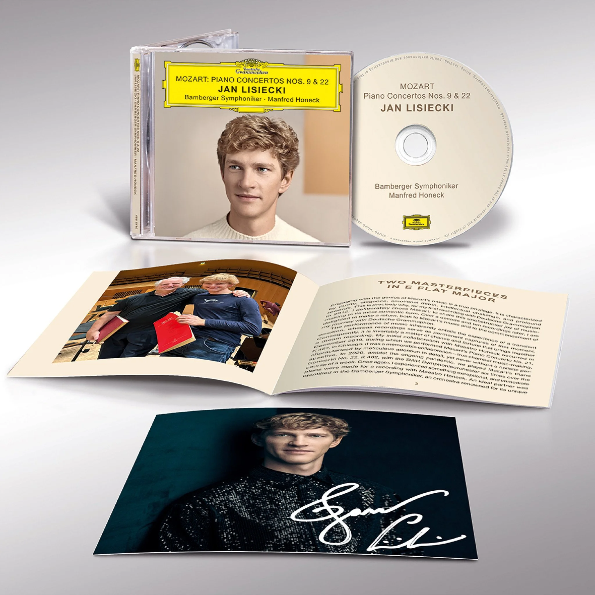 CD case featuring a portrait of a man with blond hair and a booklet with a man and a woman holding red books.