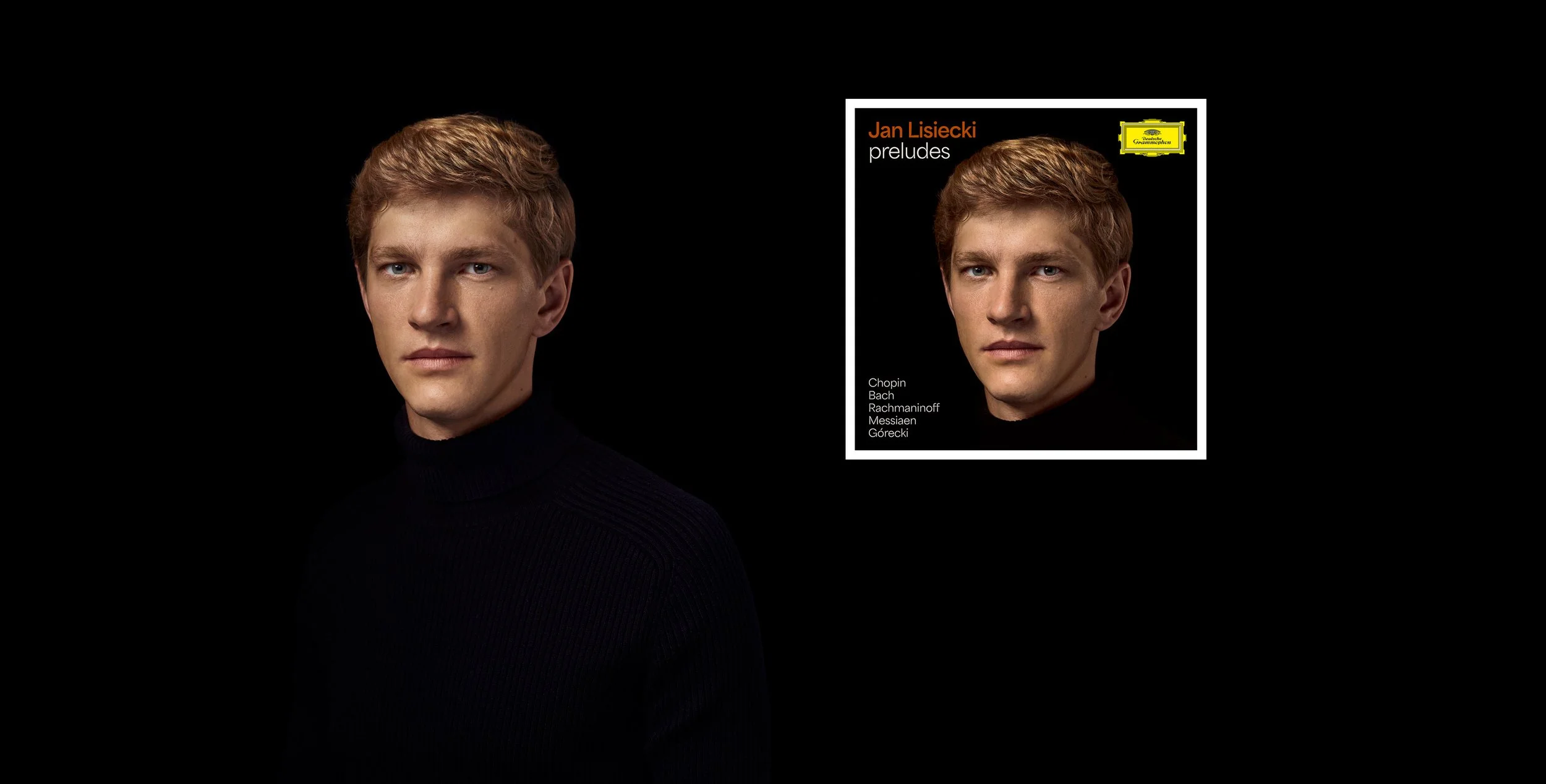 A portrait of a young man with light brown hair, wearing a black turtleneck, against a black background. To the right, a music album cover for 'Preludes' by Jan Lisiecki features the same portrait with text listing composers.