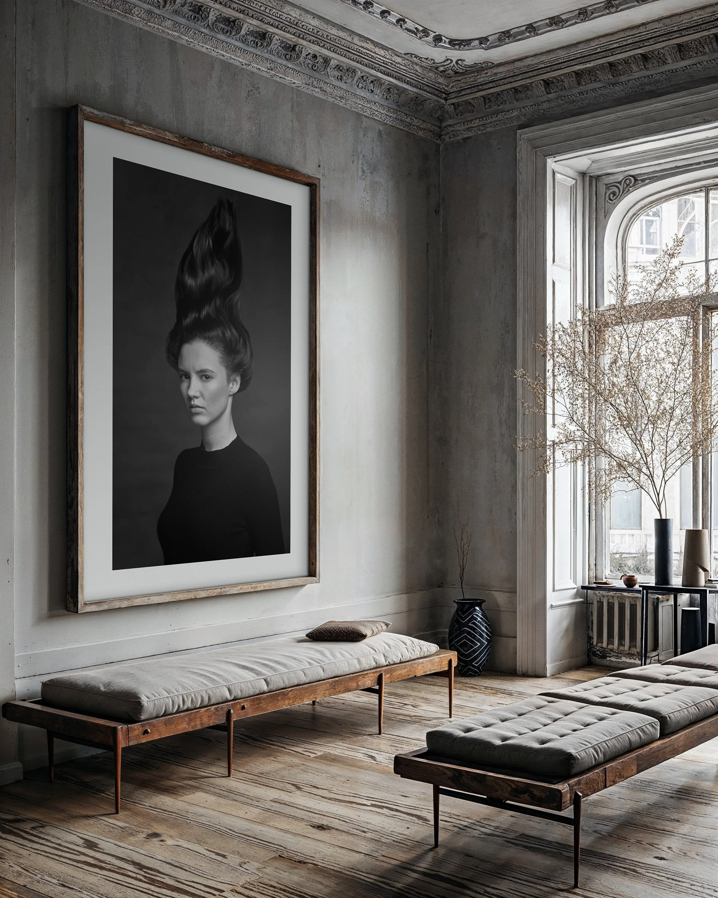 A minimalist room with light wooden flooring and concrete walls, featuring a large black and white portrait of a woman with elaborate hair on the wall, a cushioned bench with a wooden frame underneath, a small side table, tall windows with decorative trim, and a vase with dried branches near the window.