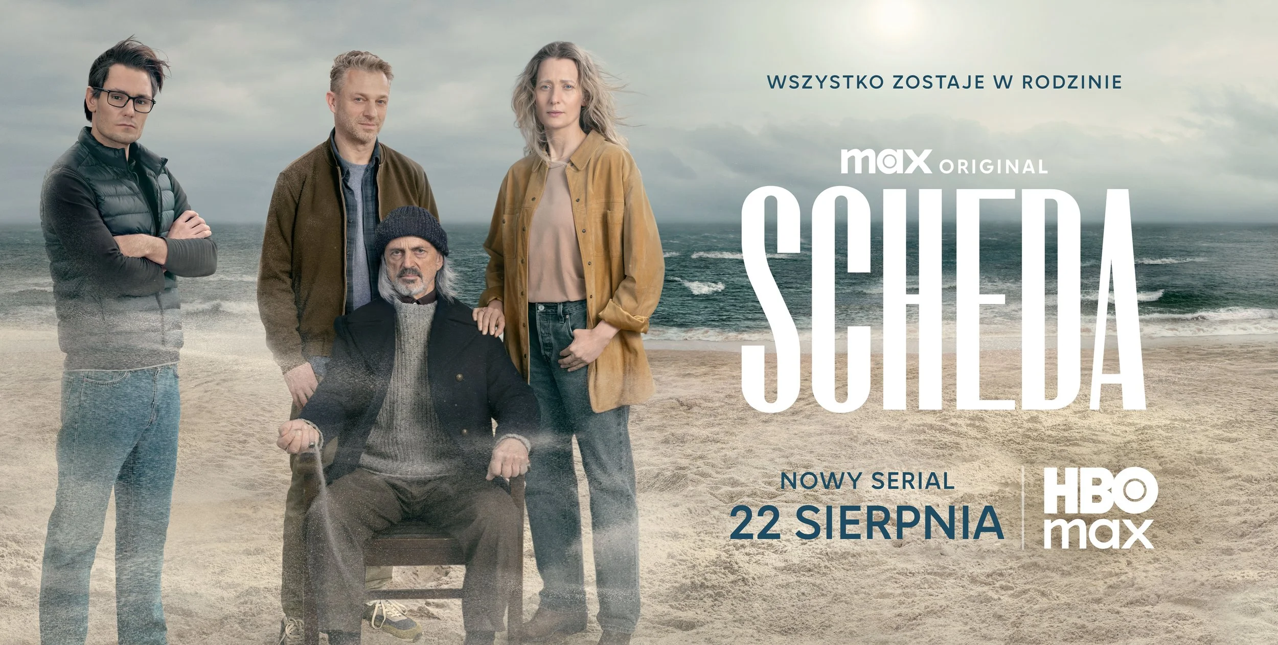 A promotional poster for the TV series "Shtisel" featuring five characters standing on a beach with an ocean in the background. The text indicates that the series is available on HBO Max starting August 22nd, and the phrase "Wszystko zostaje w rodzin