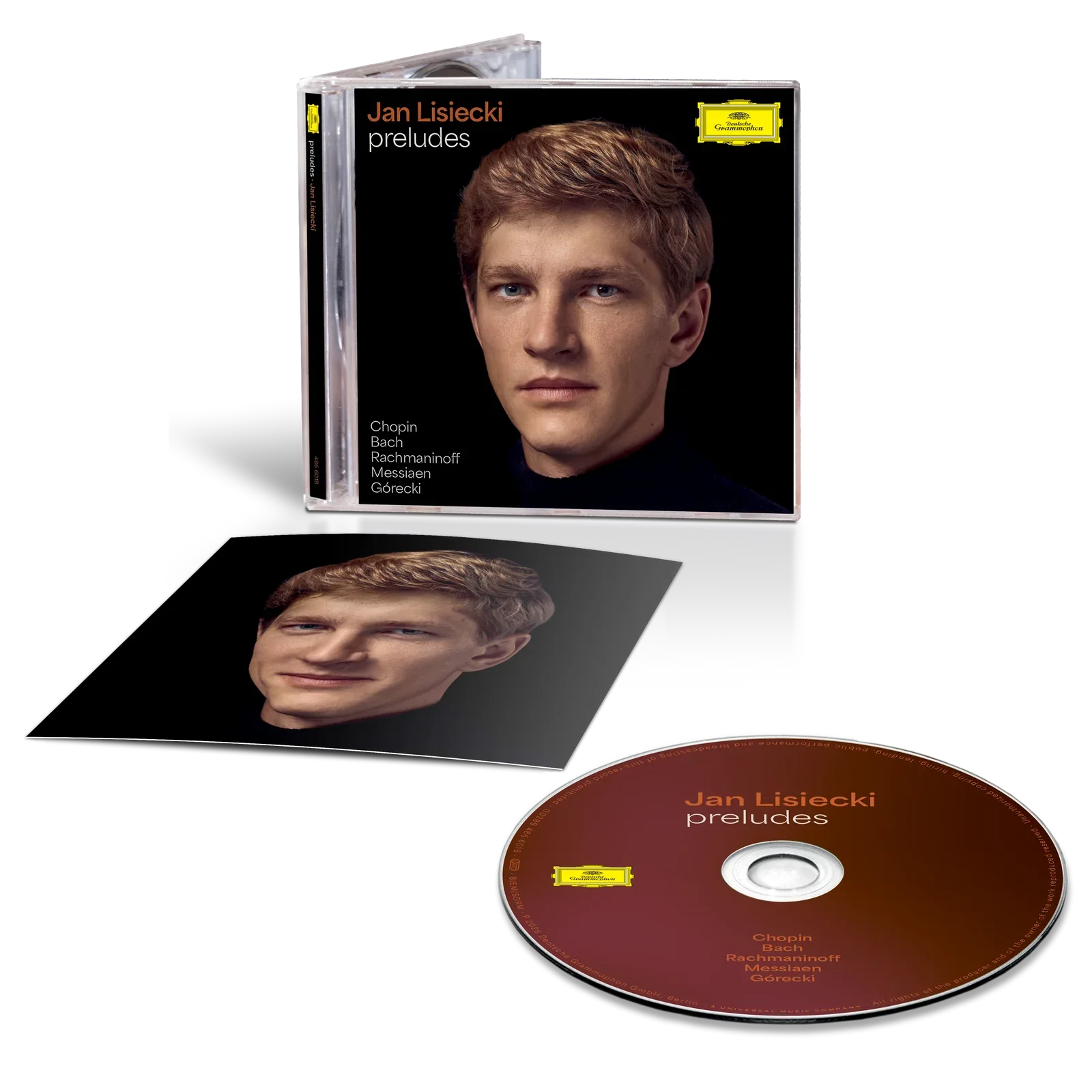 CD case featuring a portrait of a young man with reddish-brown hair on the cover, titled "Jan Lisiecki preludes". The disc inside the case is labeled with the same title and composer names, including Chopin, Bach, Rachmaninoff, Messiaen, and Górecki. The disc has a reddish-brown color with gold and black text.