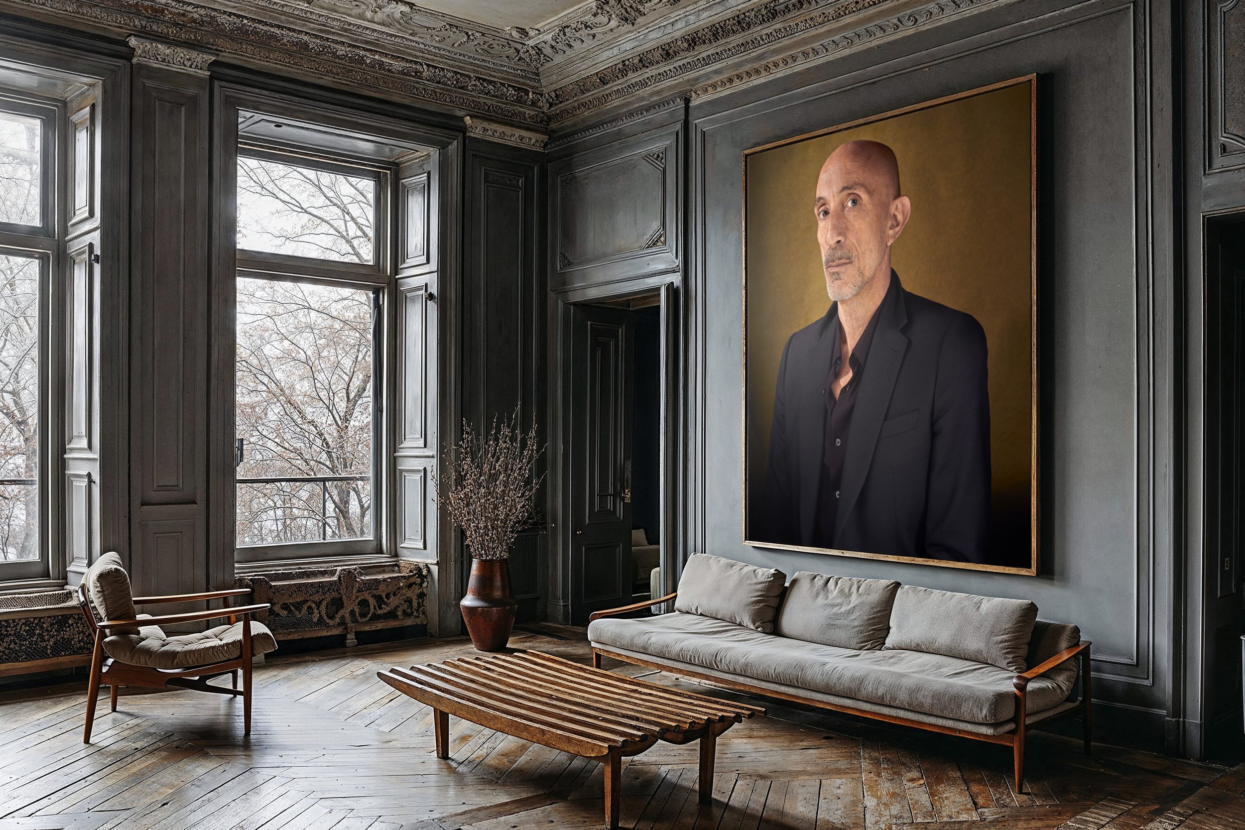 An interior living room with dark wooden paneled walls and large windows showing a wintery outdoor scene. The room features a modern sofa with a beige cushion, a wooden lounge chair, a wooden coffee table, a tall brown vase with dried branches, and a large portrait of a bald man in a black suit hanging on the wall.