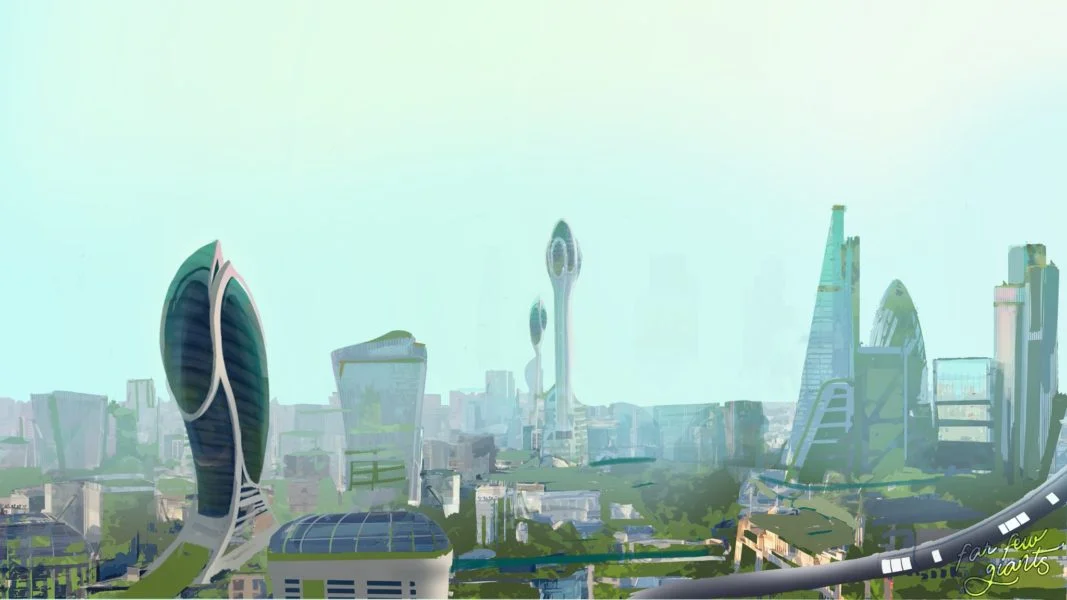Above: Concept art from Ring of Fire of London in the year 2062 with lush green overgrowth spread out across its utopian skyline.