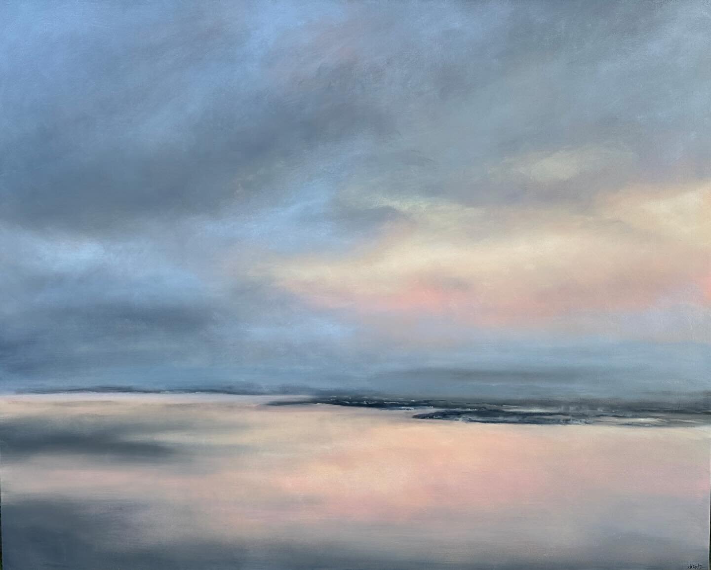 This one was fun! The pink and yellow light of this sky breaking through over the water makes me happy. &ldquo;Fond Farewell&rdquo;, 50x40, oil on panel 

#dawnrentz #cloudscape #skyscape #waterscape horizons #interiordecor #artforinteriors #interior