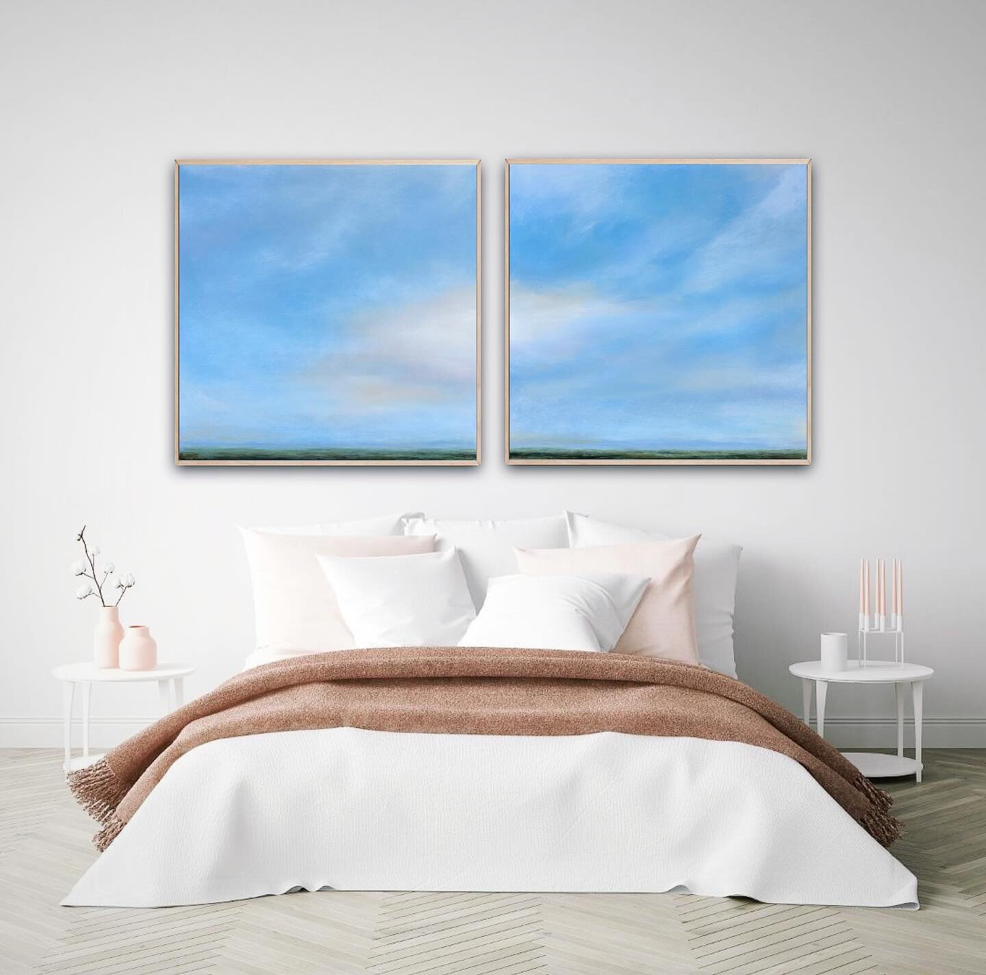 Doesn&rsquo;t this bedroom look dreamy?! These 2 paintings pair great together. Feel it Still #1 and #2, 36x36 

#dreamy #skyscape #homedecoration #interiorstyle #artforthehome #interiorinspiration #interiorstyling #dawnrentz #cloudscape #horizons #c