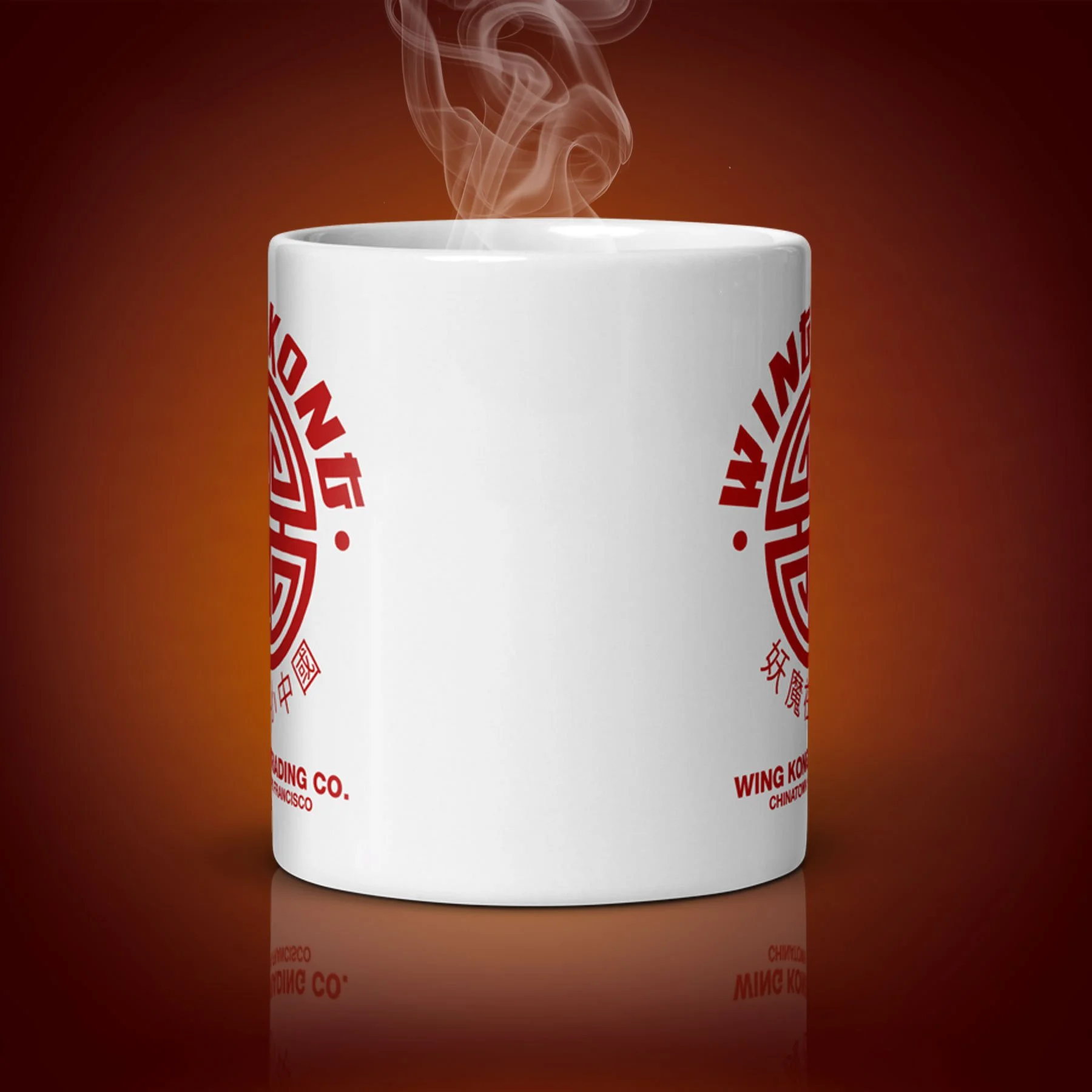 An 11-oz Wing Kong Trading mug displays the center side. The artwork on our mug is inspired by the movie "Big Trouble in Little China". It is available for $21.99 with free shipping.