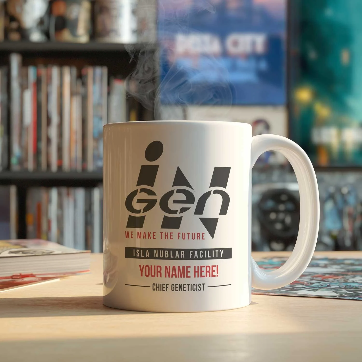 A personalized InGen mug is displayed on a table, filled with coffee.