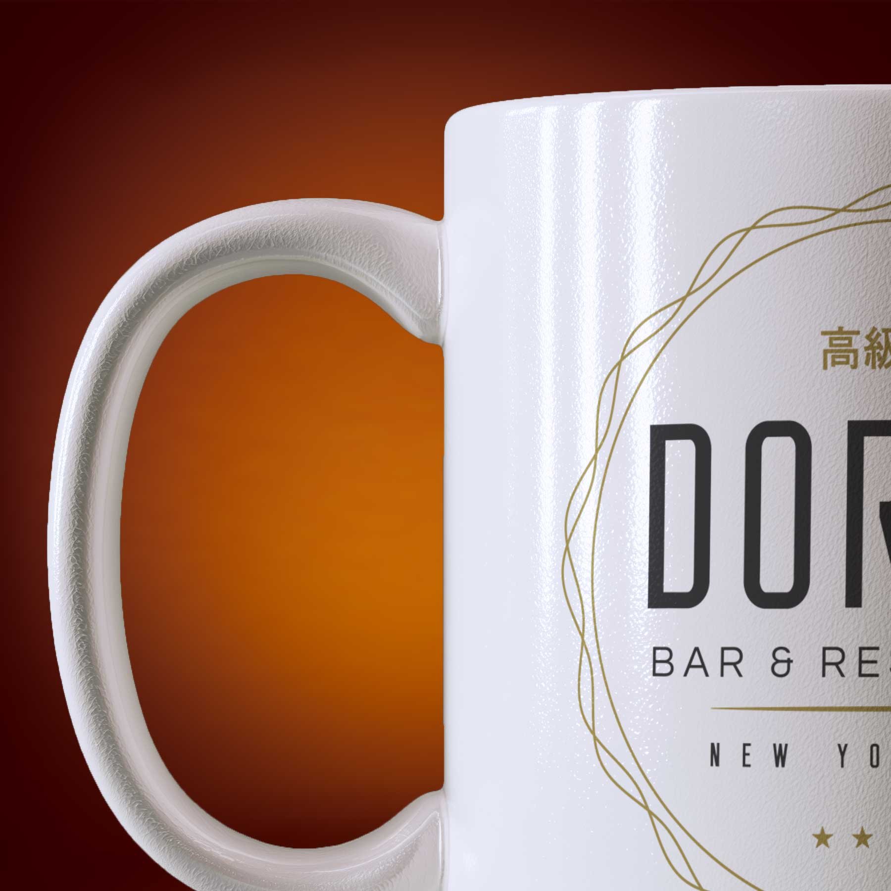 Close-up of an 11-oz Dorsia Bar & Restaurant Mug.