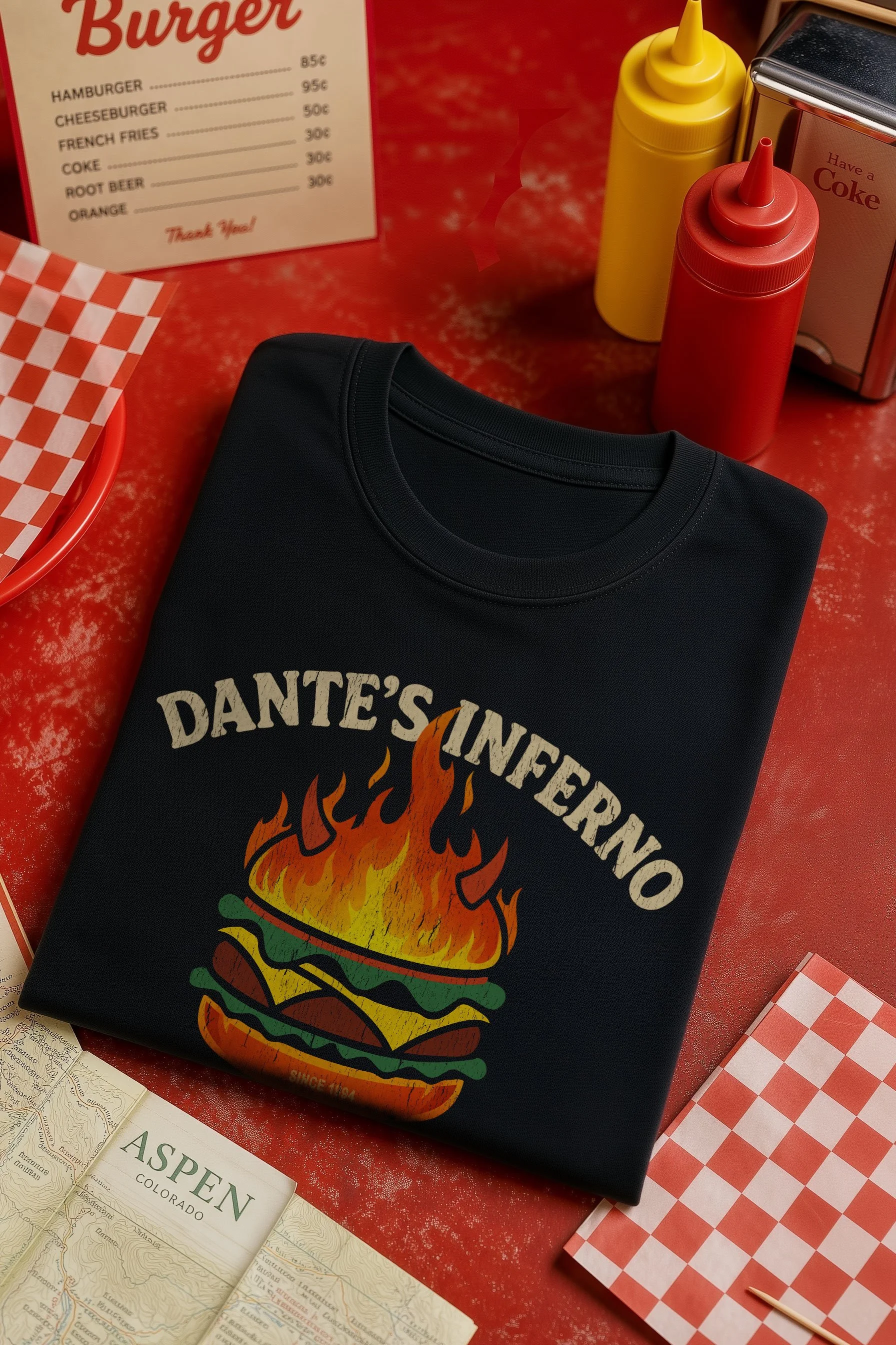 Flat lay product photography of a folded Dante's Inferno T-Shirt resting on a red burger joint table, styled with subtle 1990s retro burger props.