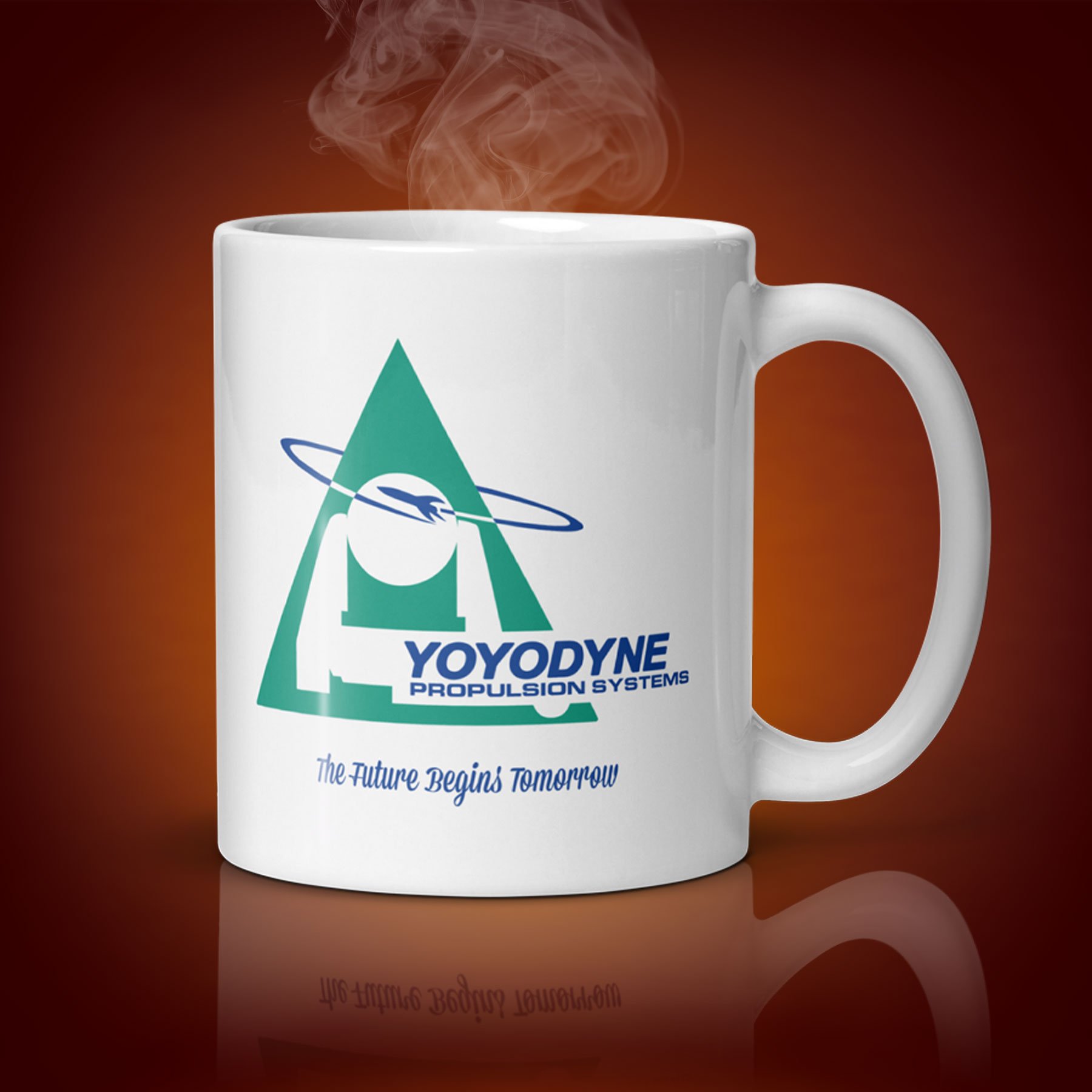 a 11 oz Yoyodyne Mug showing the right side. The movie The Adventures of Buckaroo Banzai inspired the mug. $21.99 with shipping included.