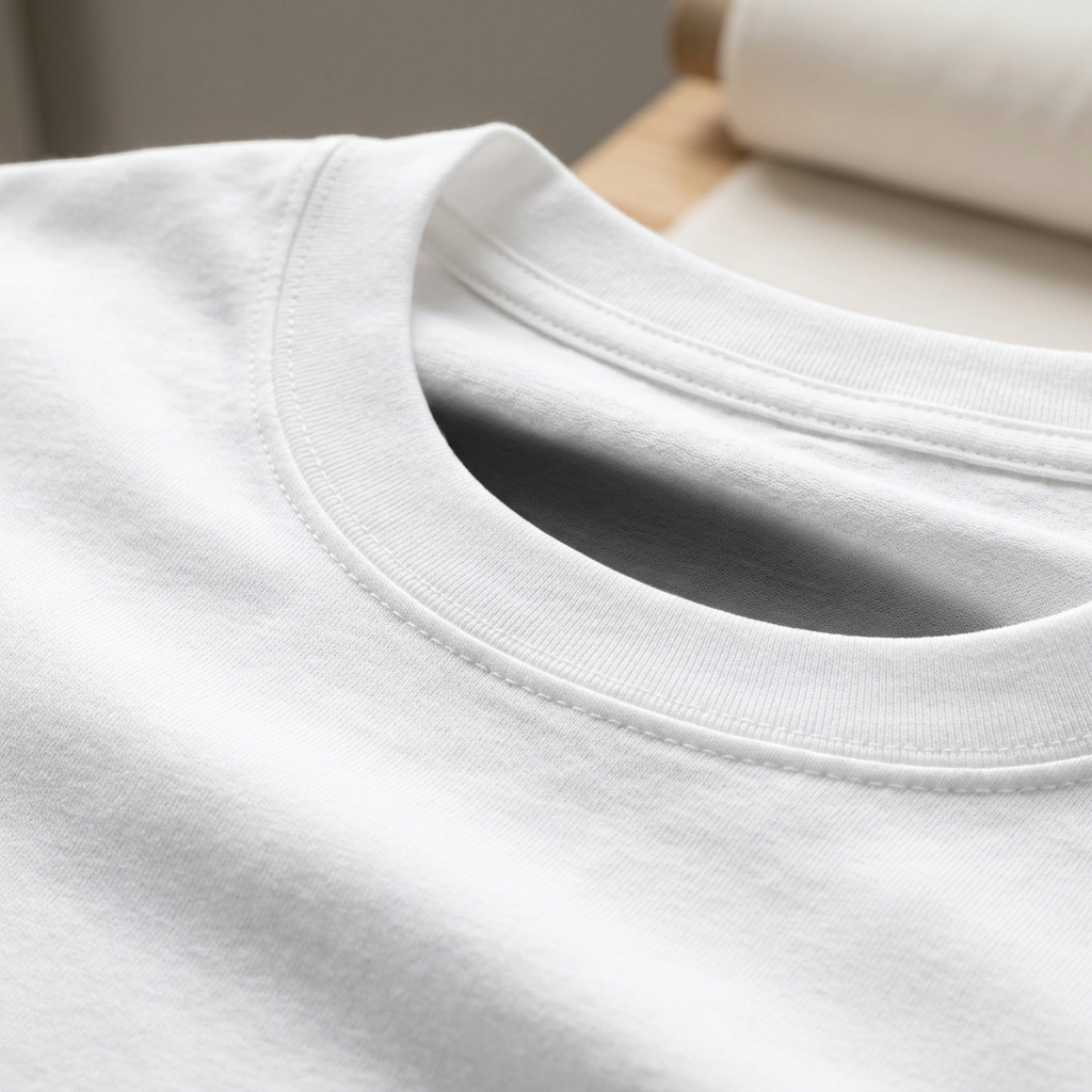 A detailed close-up shot highlighting the structure of the T-shirt's neckline.