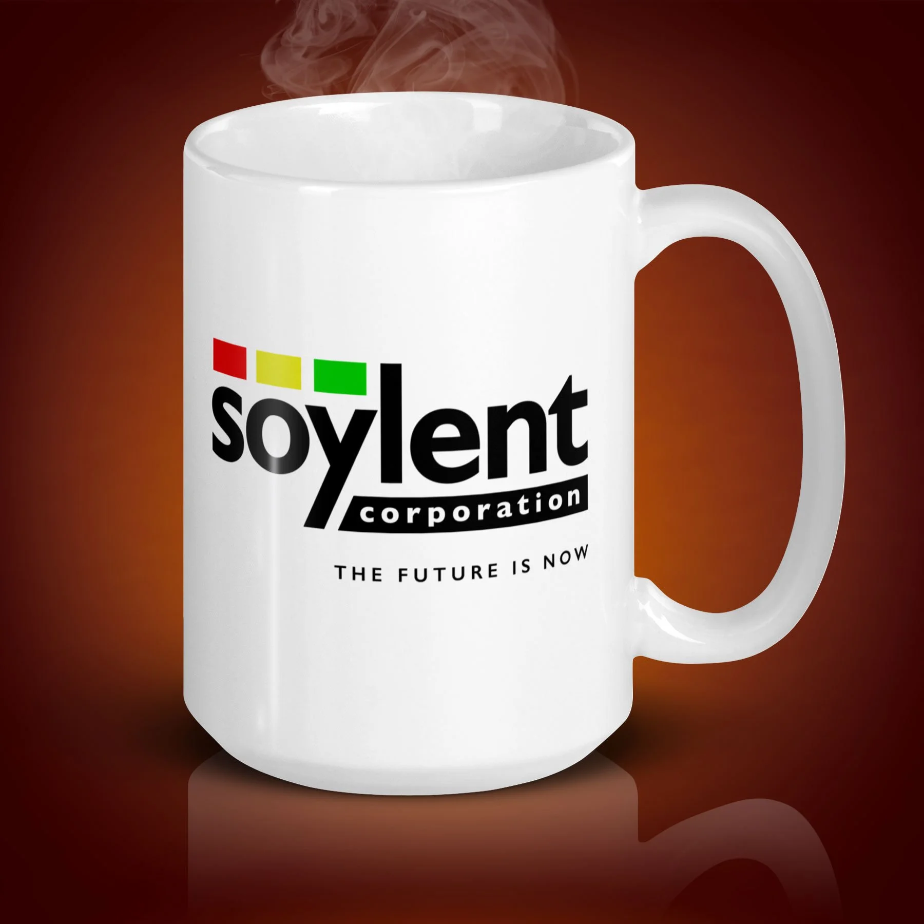 An 15-oz Soylent Corporation Mug displays the left side. The artwork on our mug is inspired by the movie "Soylent Green". It is available for $24.49 with free shipping.