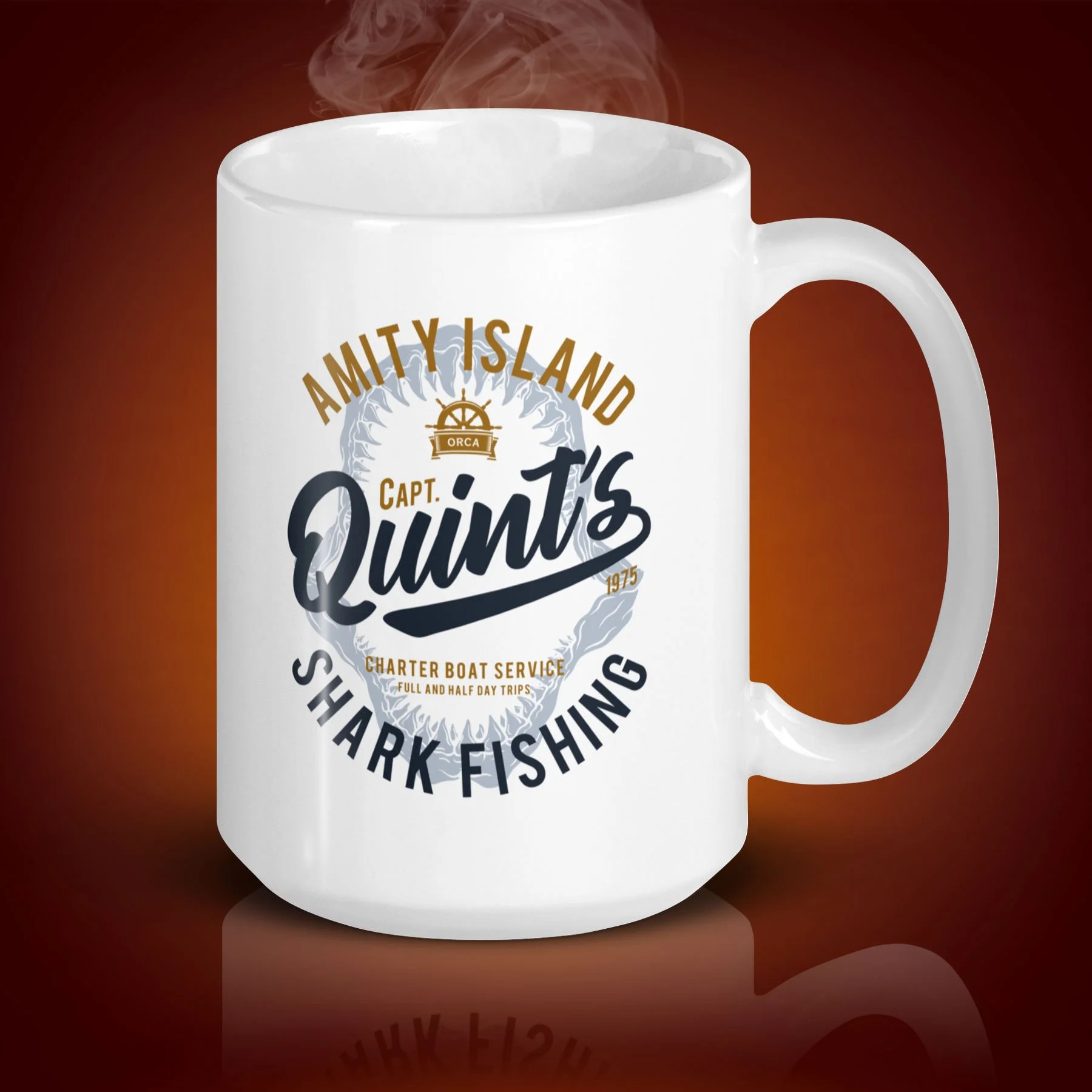 An 15-oz Quint's Shark Fishing mug displays the left side. The artwork on our mug is inspired by the movie "Jaws". It is available for $24.49 with free shipping.