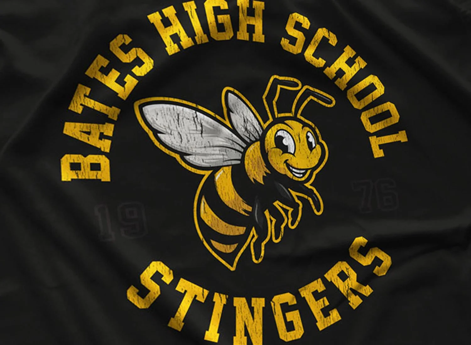 Close-up of a Bates High School Stingers T-Shirt in Black. Get your "Carrie"- inspired shirt in sizes S to 5XL, starting at just $21.49 with free shipping.