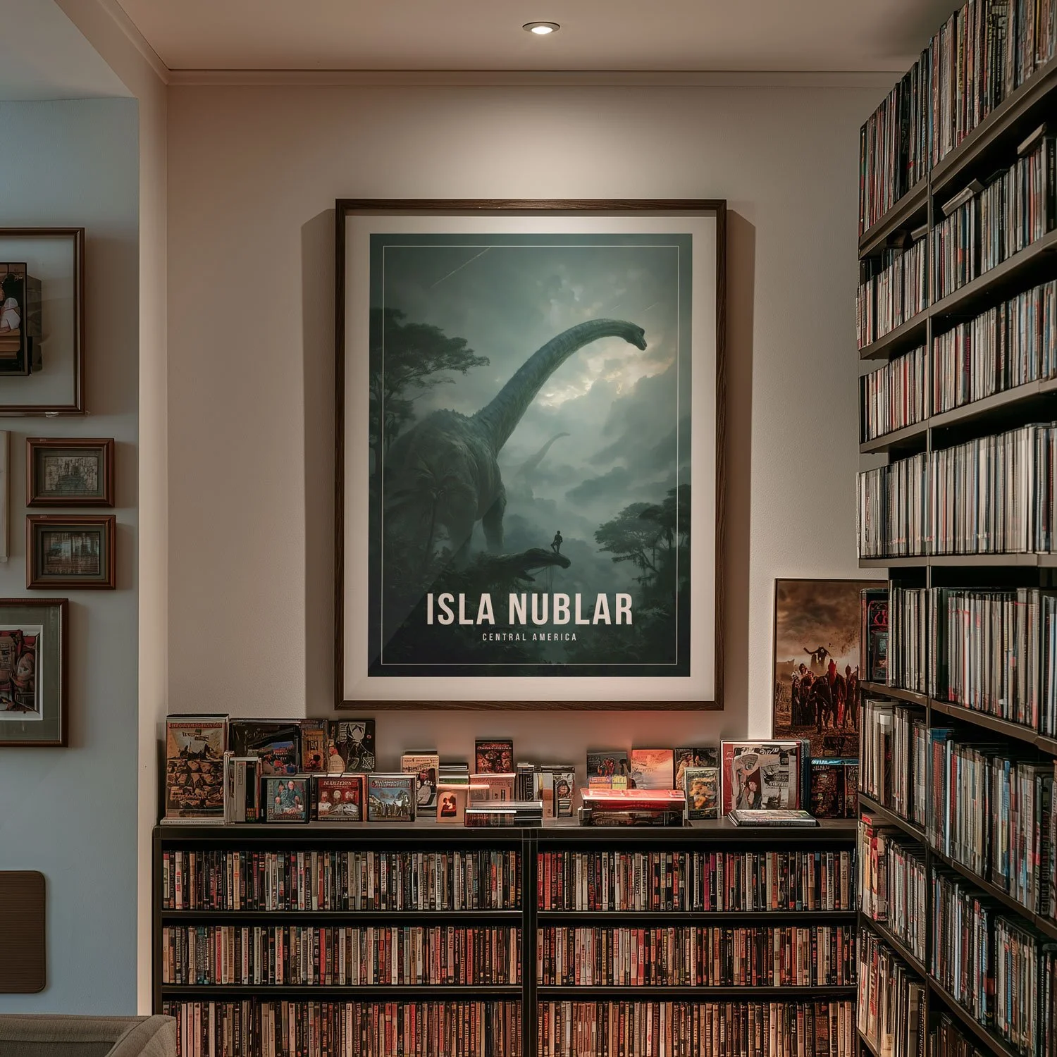 An A1 frame holding a 20x30-inch poster of Isla Nublar hangs on a white wall above shelves filled with DVDs. The artwork on our poster is inspired by the movie "Jurassic Park".