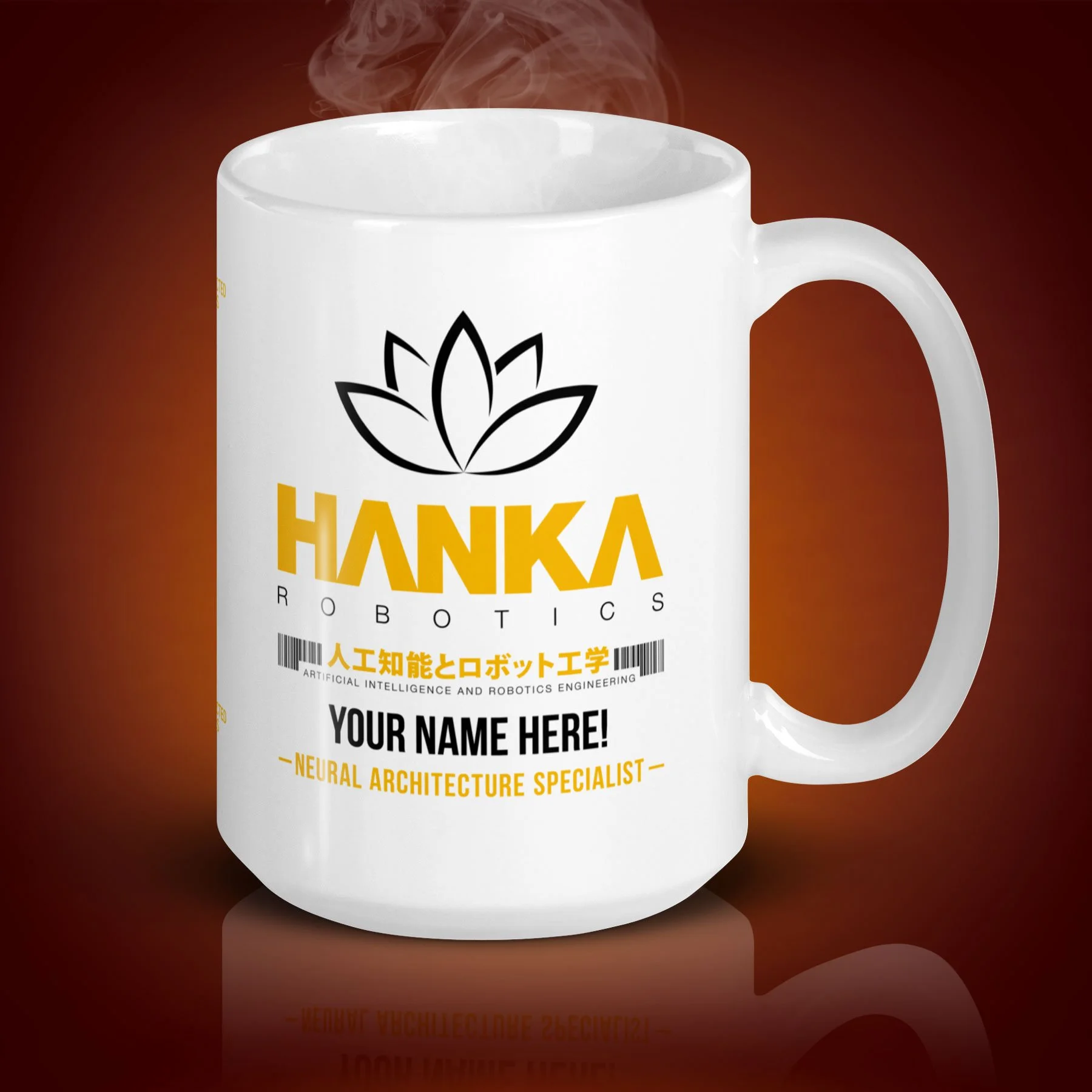 An 15-oz personalized Hanka Robotics mug displays the left side. The artwork on our mug is inspired by the movie "Ghost in the Shell". It is available for $24.99 with free shipping.